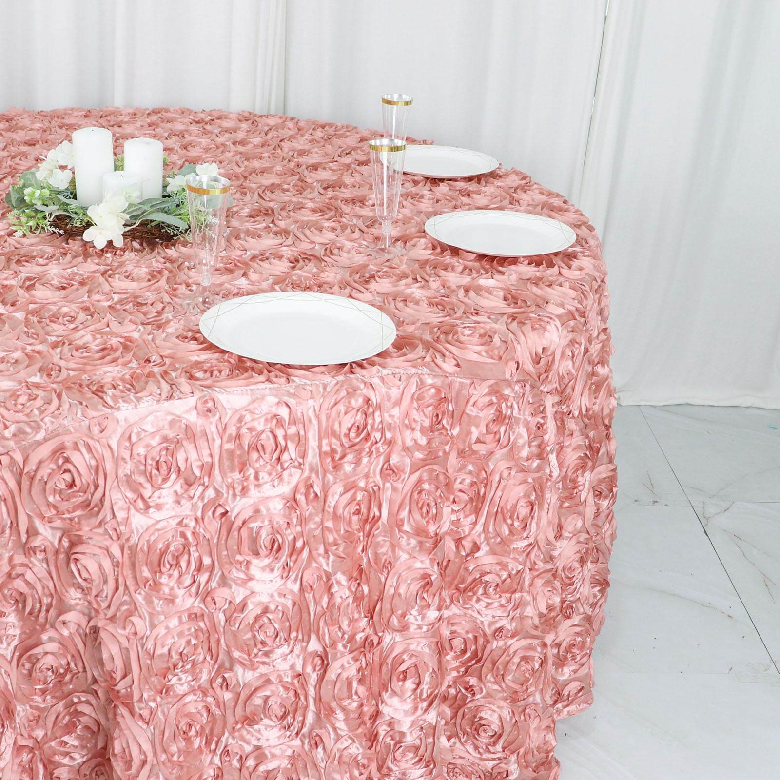 Satin 120 Round Tablecloth Dusty Rose - Grandiose 3D Rosette with Seamless Finish Table Cover