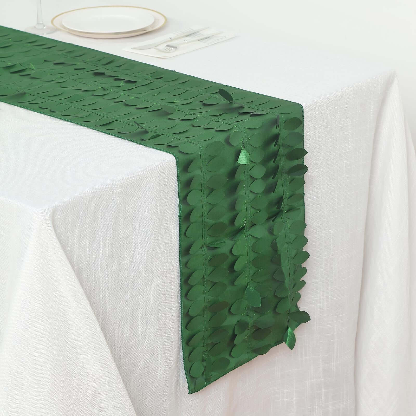 Taffeta Fabric 12x108 Table Runner Green - 3D Leaf Petal Design