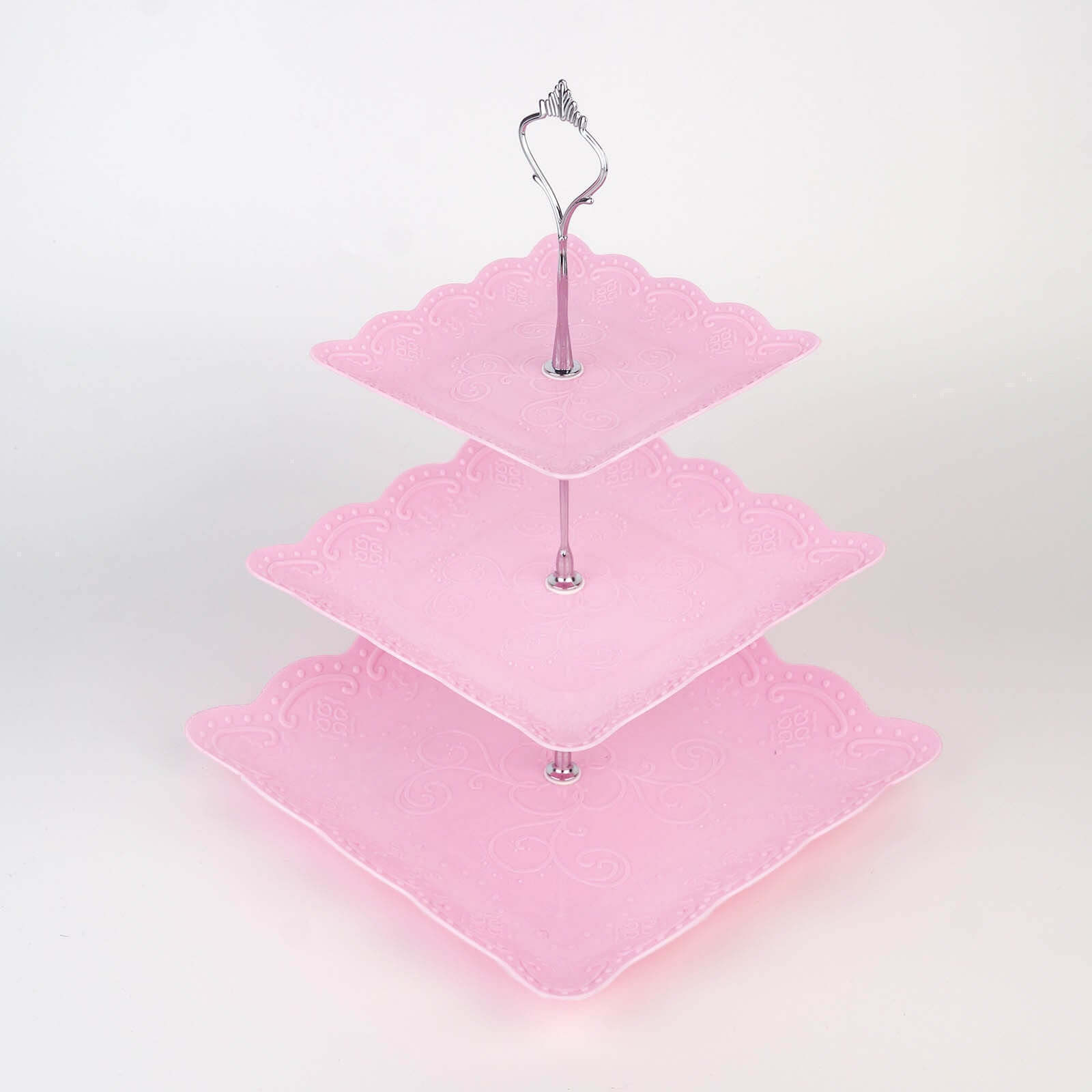 3-Tier Plastic Square Cupcake Stand Tower Pink - Charming Easy to Assemble Dessert Display Serving Tray Platter with Floral Embossed Scalloped Rim & Silver Handle for Tea Parties Weddings & Special Oc