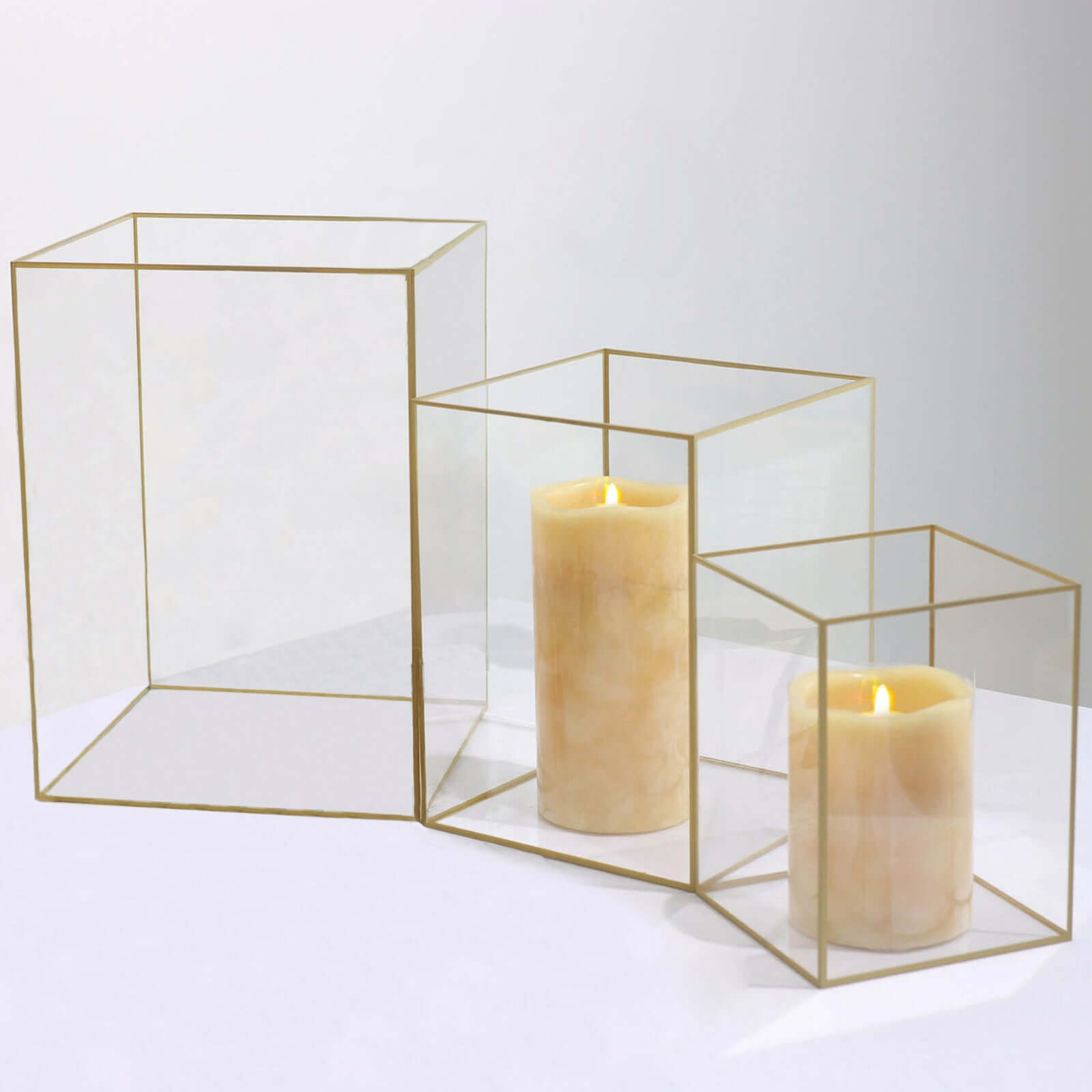 Set of 3 Candle Holders Acrylic Flower Display Boxes with Gold Rims Clear - Decorative Pillar Centerpieces 6, 8, 10