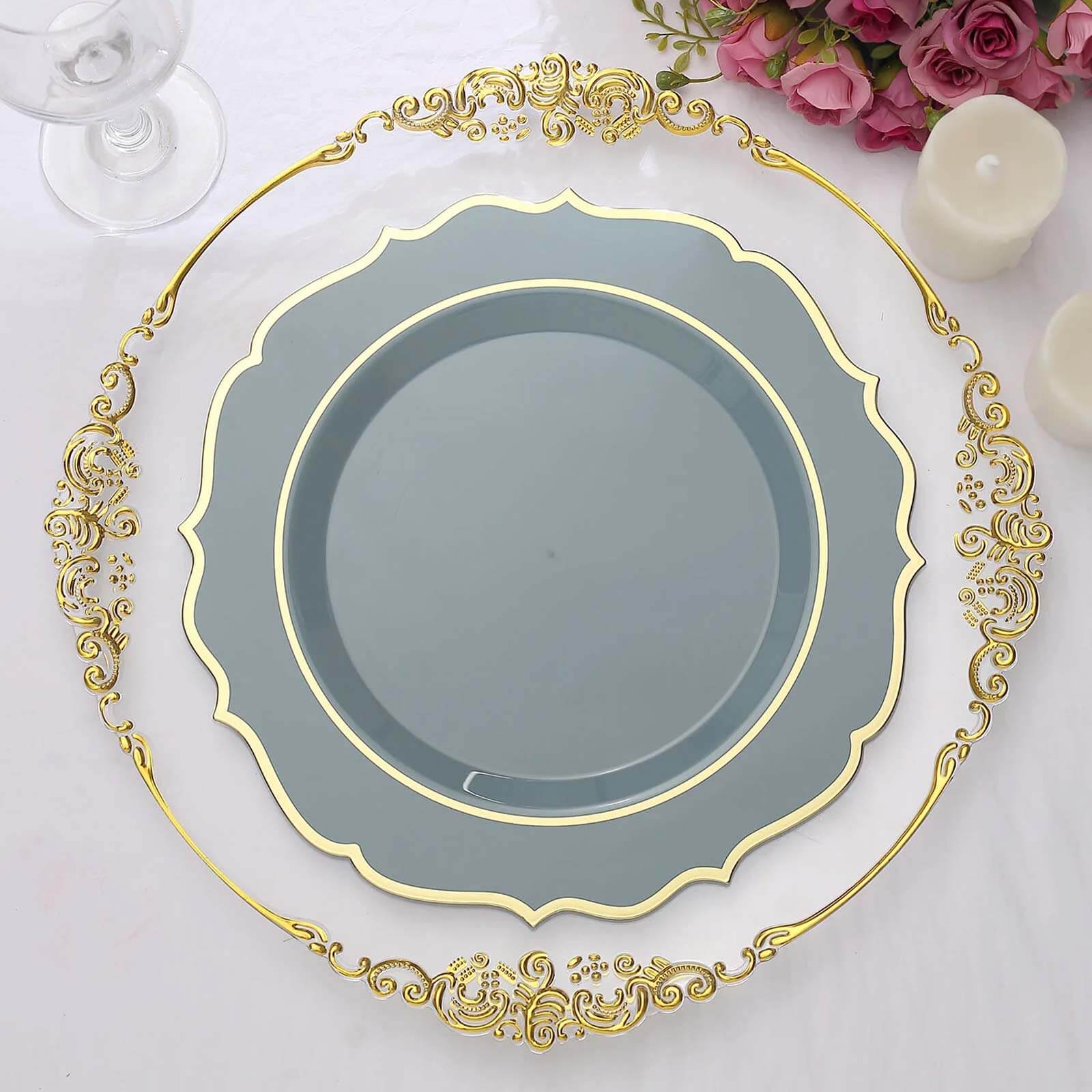 10-Pack Plastic 10 Round Dinner Plates in Dusty Blue with Gold Scalloped Rim - Disposable Party Plates