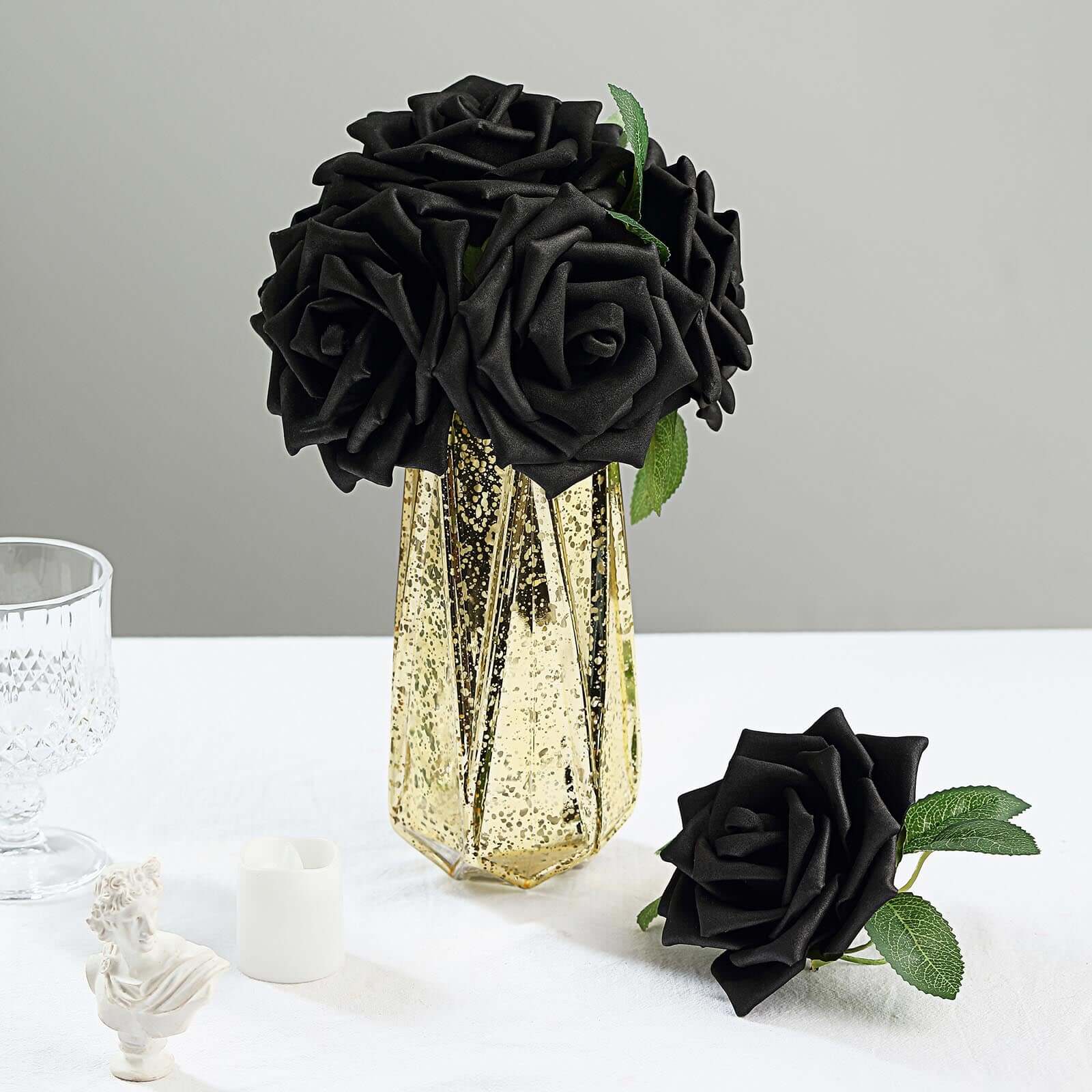 24 Roses 5 Black Artificial Foam Flowers With Stem Wire and Leaves