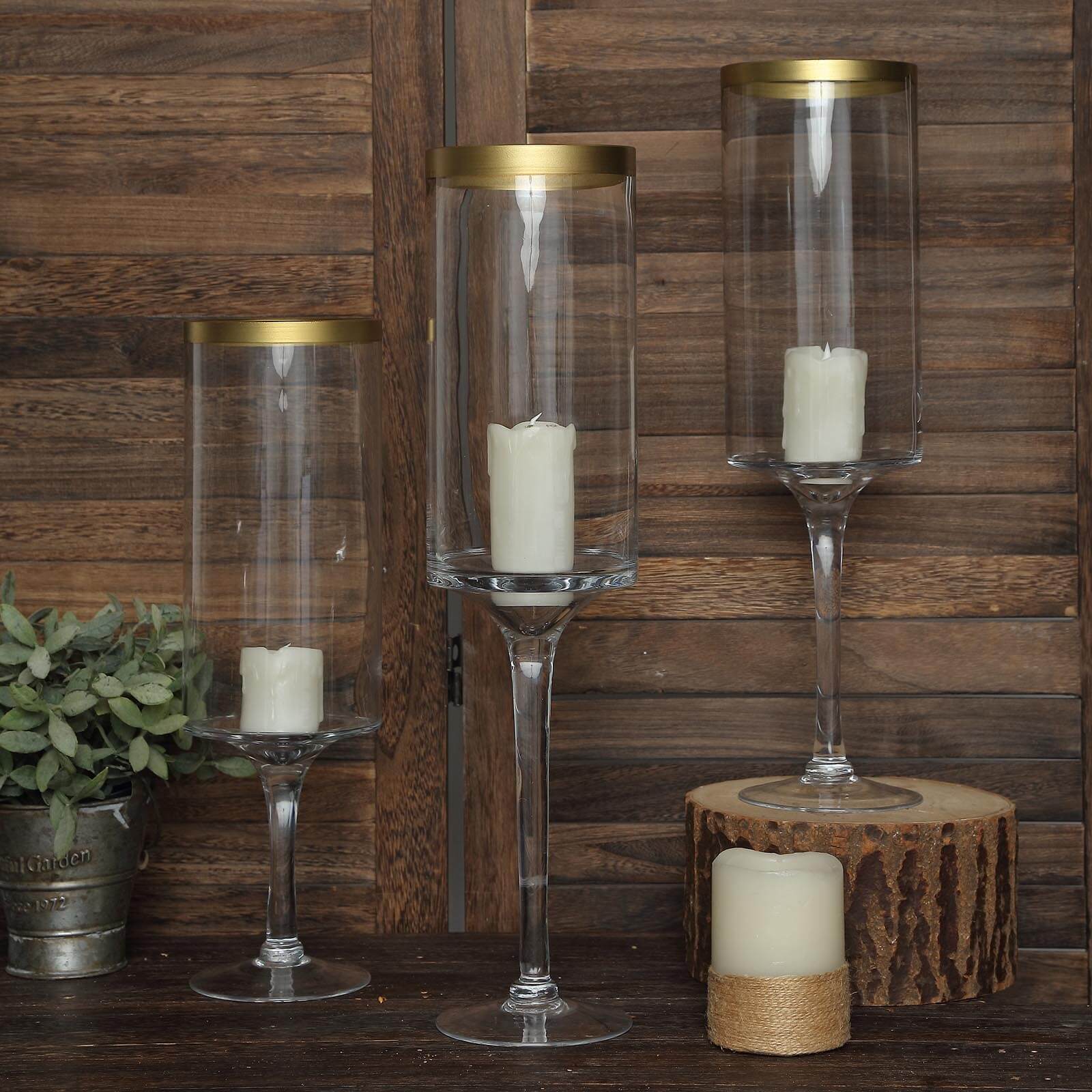 Set of 3 Glass Hurricane Candle Holders Long Stem Clear with Gold Rim - Decorative Pedestal Floral Centerpieces 16, 18, 20