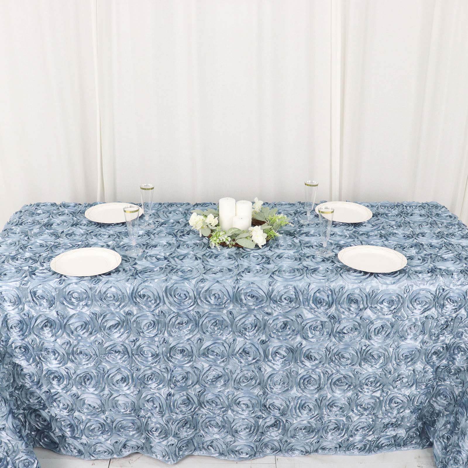 Satin 90x132 Rectangle Tablecloth Dusty Blue - Grandiose 3D Rosette Seamless Table Cover