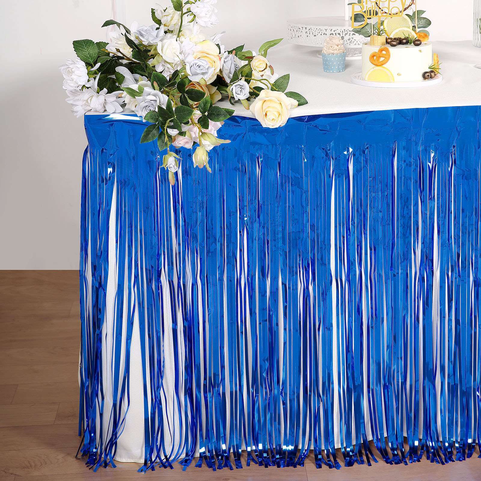 Metallic Foil Fringe Table Skirt Royal Blue with Self Adhesive Backing - Durable Tinsel Skirt for Parties 30x9ft