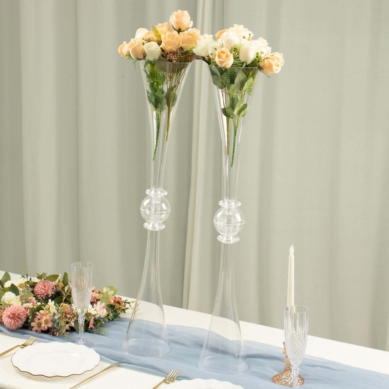 2 Pack 31 Clear Crystal Embellishment Trumpet Flower Vase, Reversible Plastic Table Centerpiece