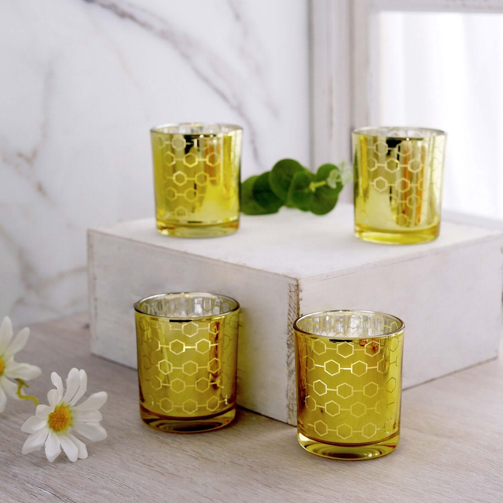 6-Pack Mercury Glass Candle Holders Gold with Honeycomb Design - Votive Candle Containers 3