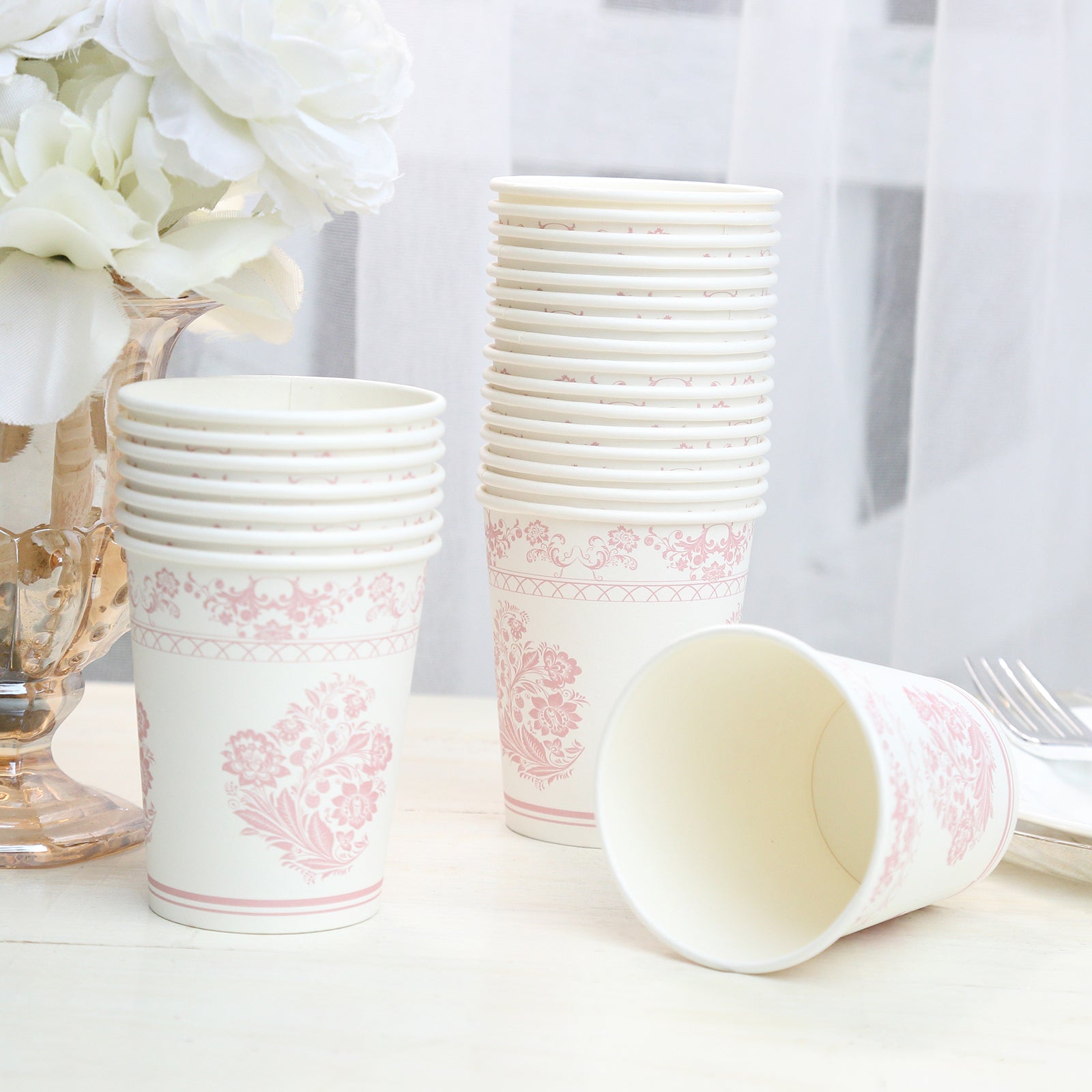 24-Pack Paper Cups White with Pink French Toile Print - Stylish Disposable Floral Party Cups for Hot & Cold Beverages 9oz