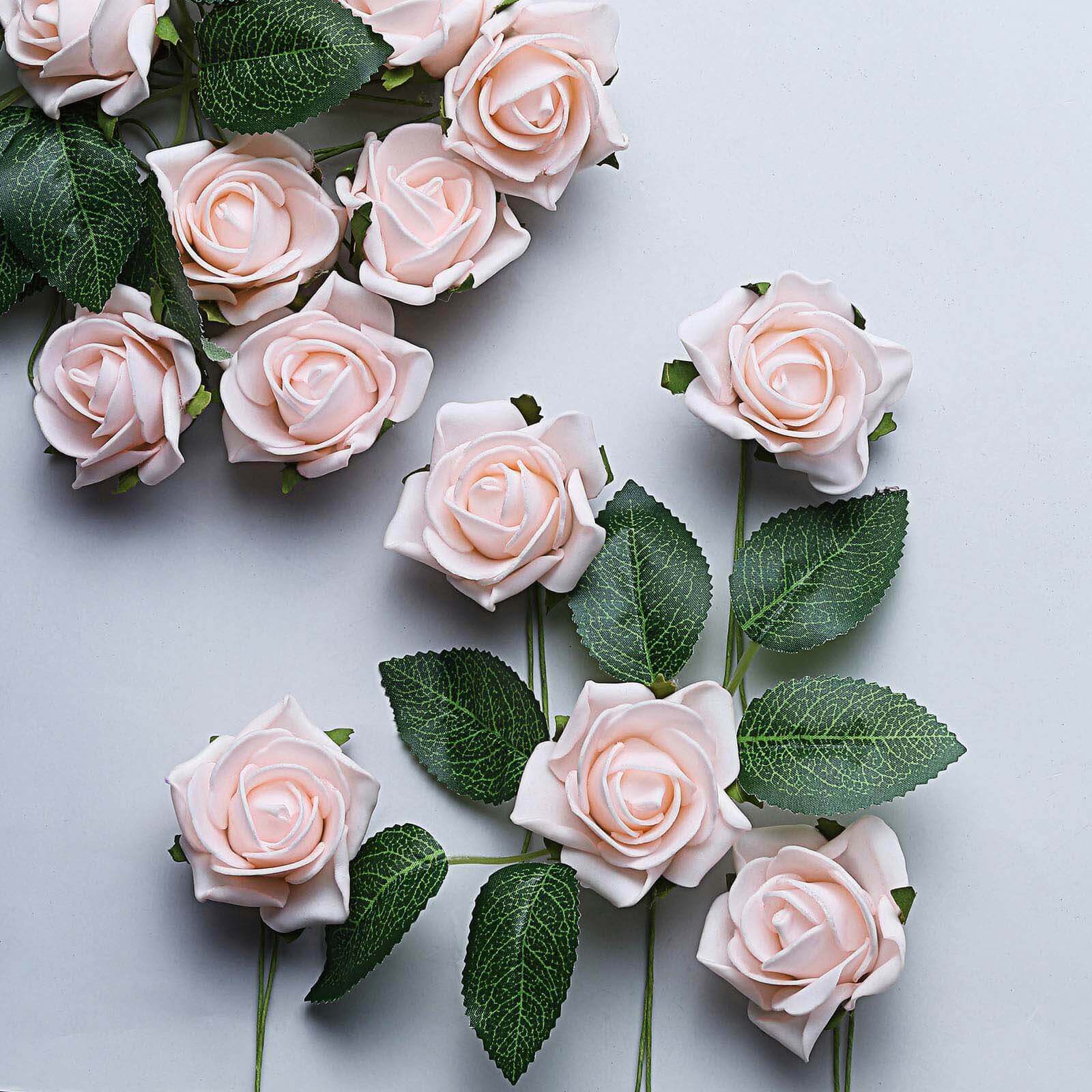 24 Roses 2 Blush Artificial Foam Flowers With Stem Wire and Leaves