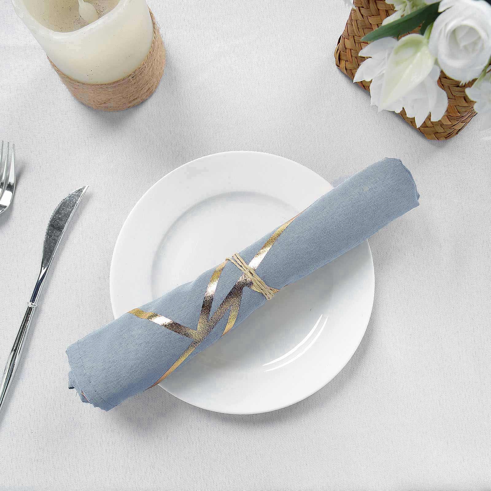 5 Pack Polyester 20x20 Napkins Dusty Blue with Gold Geometric Foil Pattern - Modern Reusable Dinner Napkins