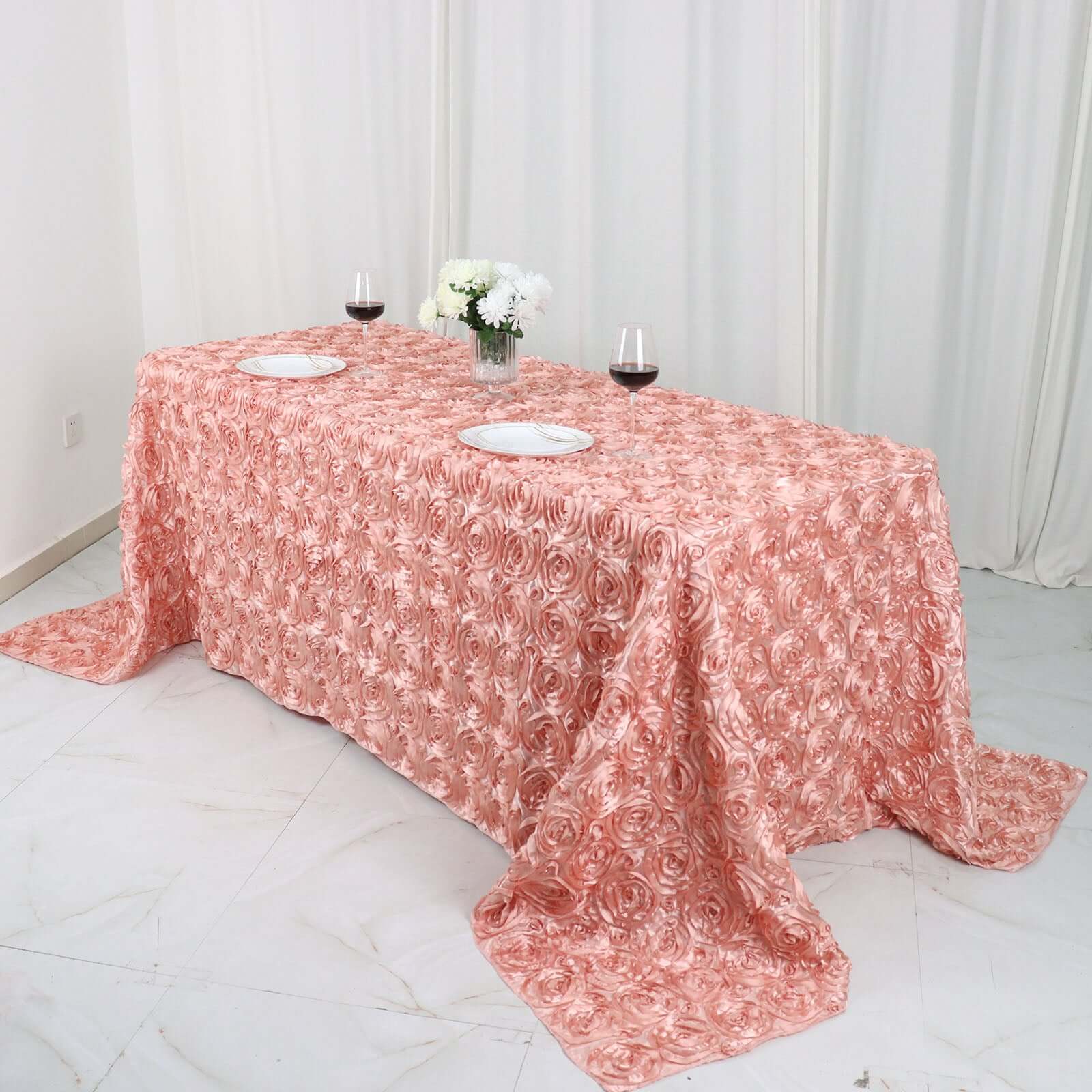 Satin 90x132 Rectangle Tablecloth Dusty Rose - Grandiose 3D Rosette Seamless Table Cover