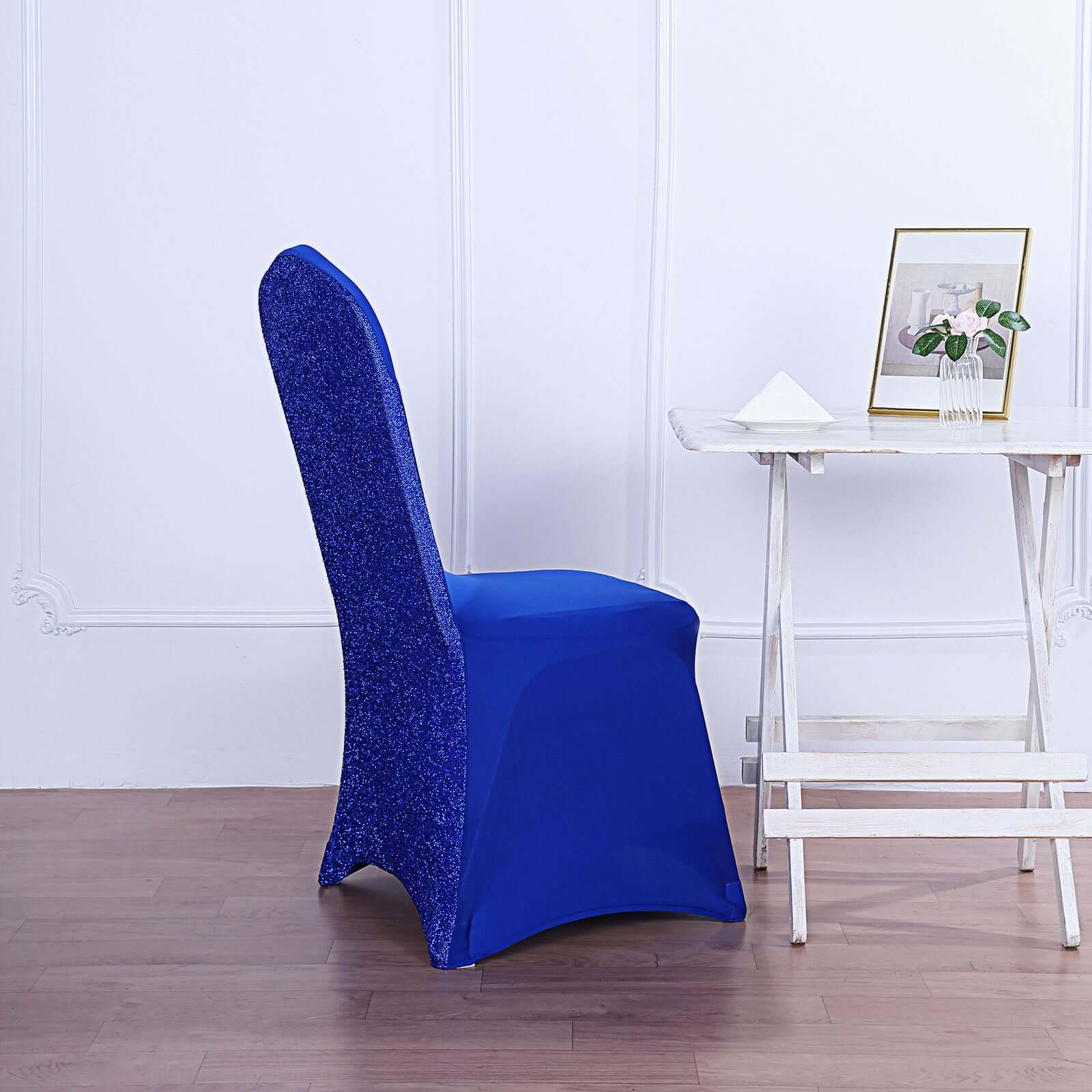 Spandex Chair Cover with Metallic Shimmer Tinsel Back for Banquet Chairs Royal Blue - Fitted Slipcover