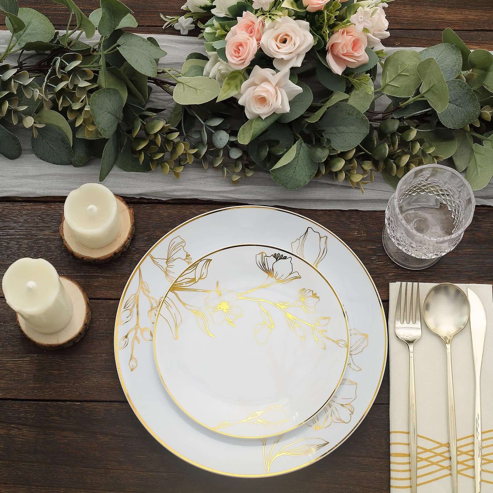 Set of 20 Plastic Round Dinner and Dessert Plates in White with Metallic Gold Floral Design - Stylish Disposable Dinnerware for Banquets & Special Occasions 8, 10