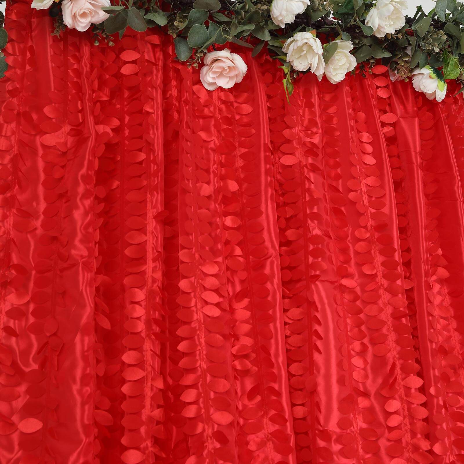 8ftx8ft Red 3D Leaf Petal Taffeta Event Curtain Drapes, Backdrop Event Panel With Rod Pocket