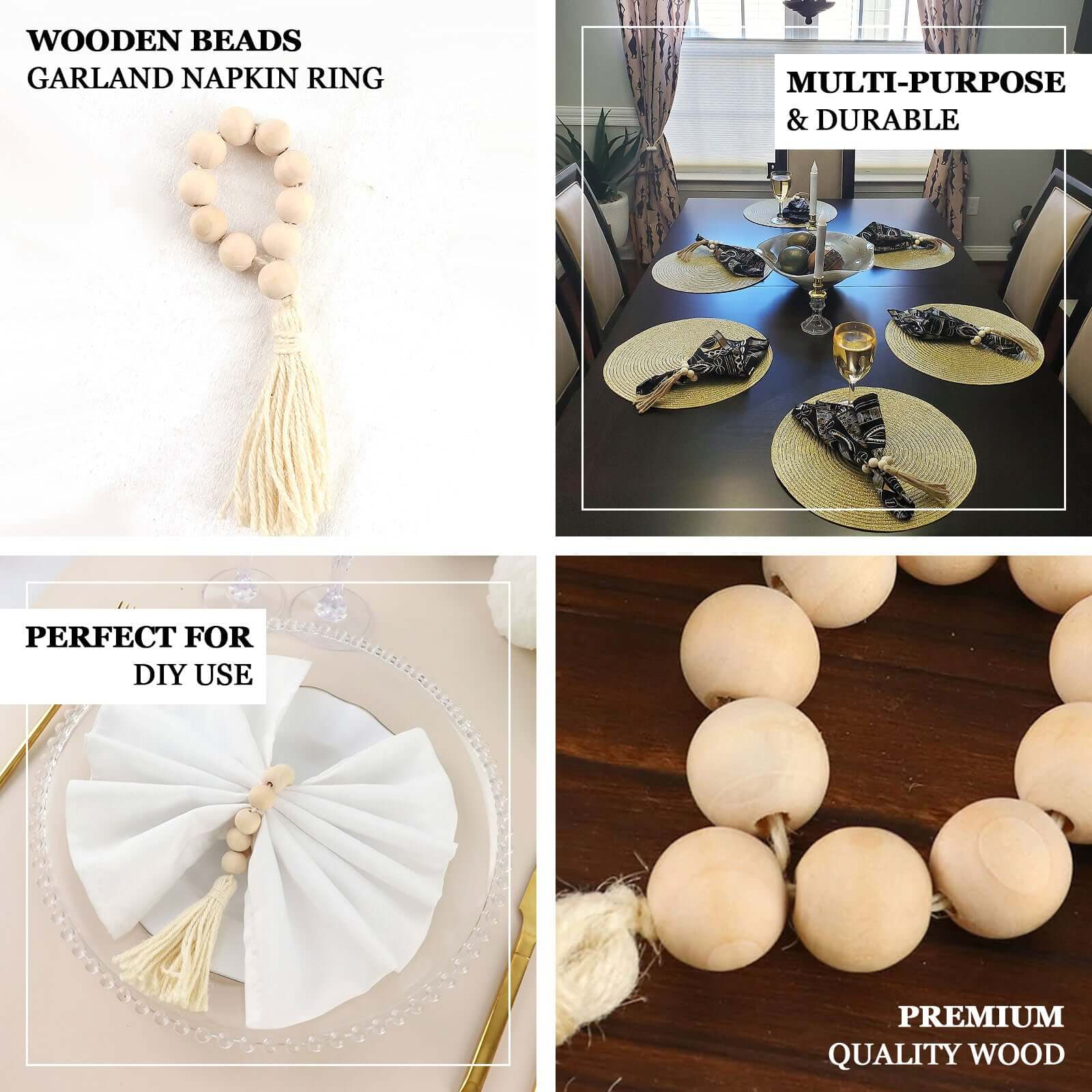 4 Pack 6 Cream Rustic Boho Chic Wood Bead Napkin Rings With Tassels, Farmhouse Country Napkin Holders