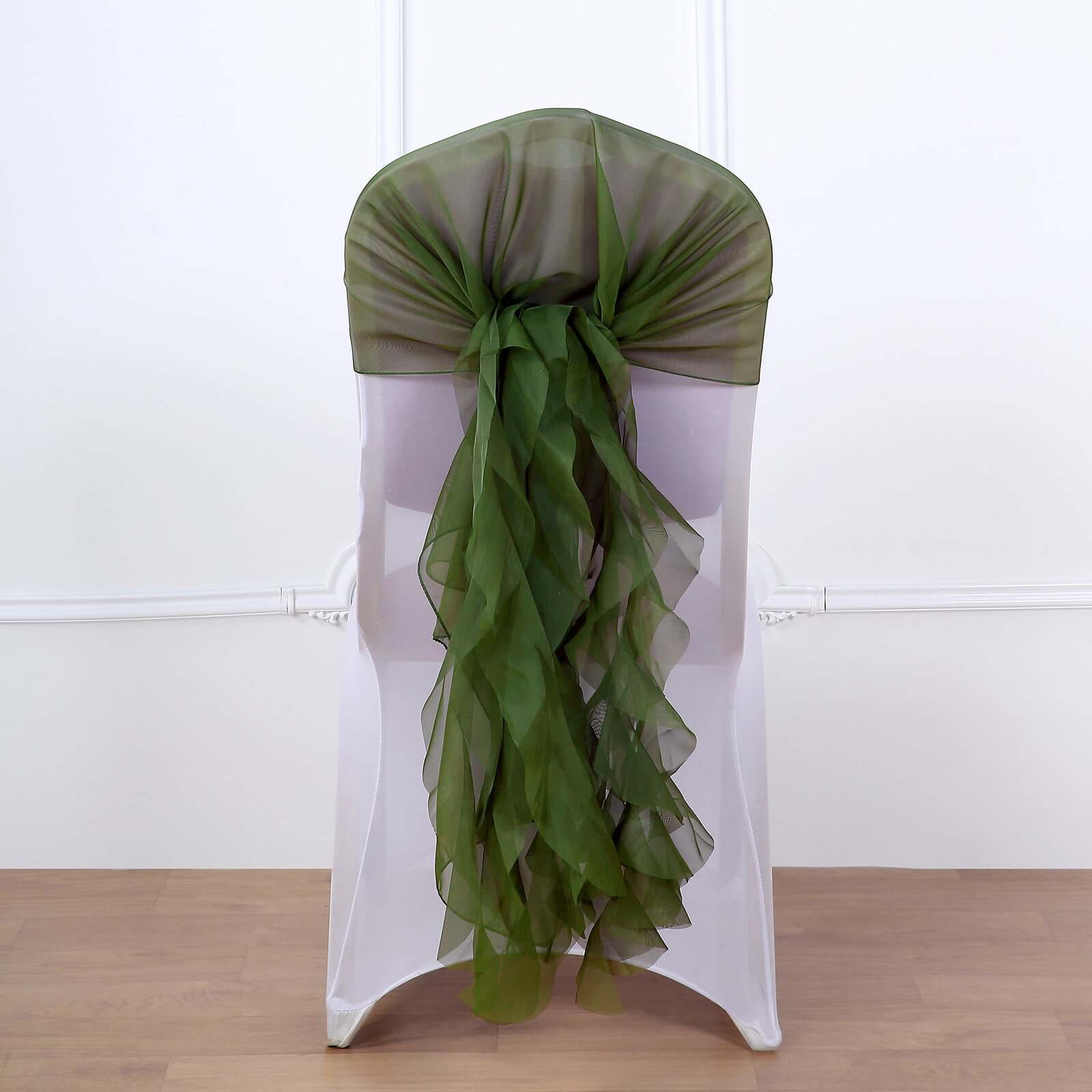 1 Set Chiffon Hoods Chair Sashes with Willow Ruffles Design Olive Green - Stylish Chair Bow Decor