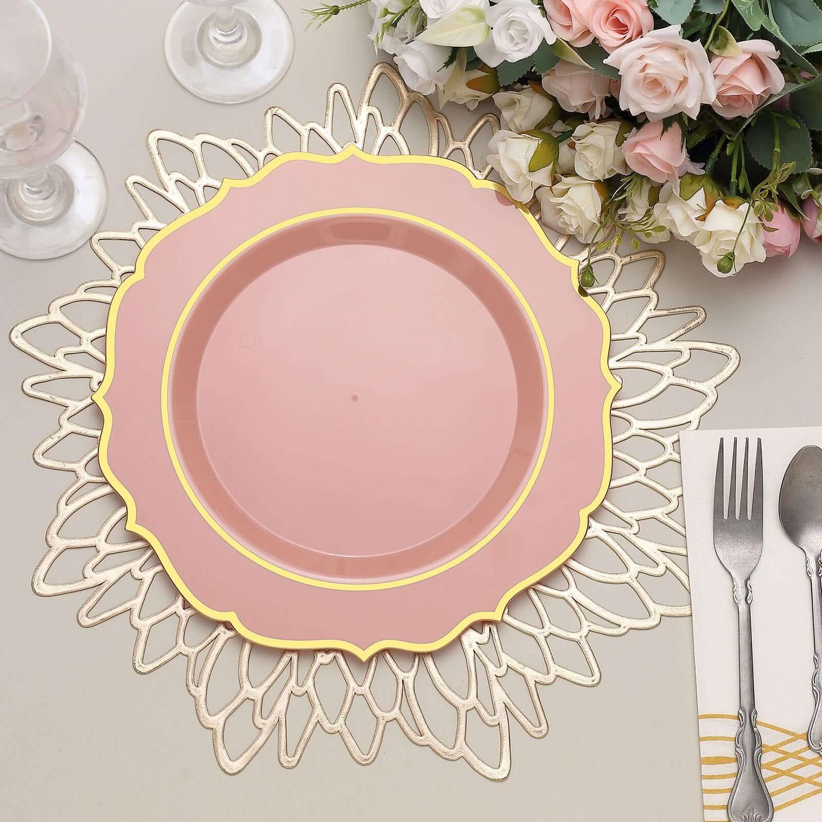 10-Pack Plastic 10 Round Dinner Plates in Dusty Rose with Gold Scalloped Rim - Disposable Party Plates