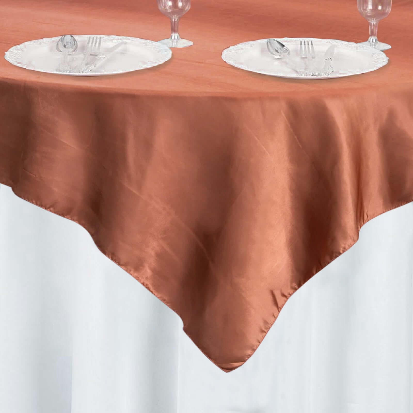 Satin 60x60 Table Overlay Square Tablecloth Terracotta (Rust) - Smooth Silky Touch Table Cover