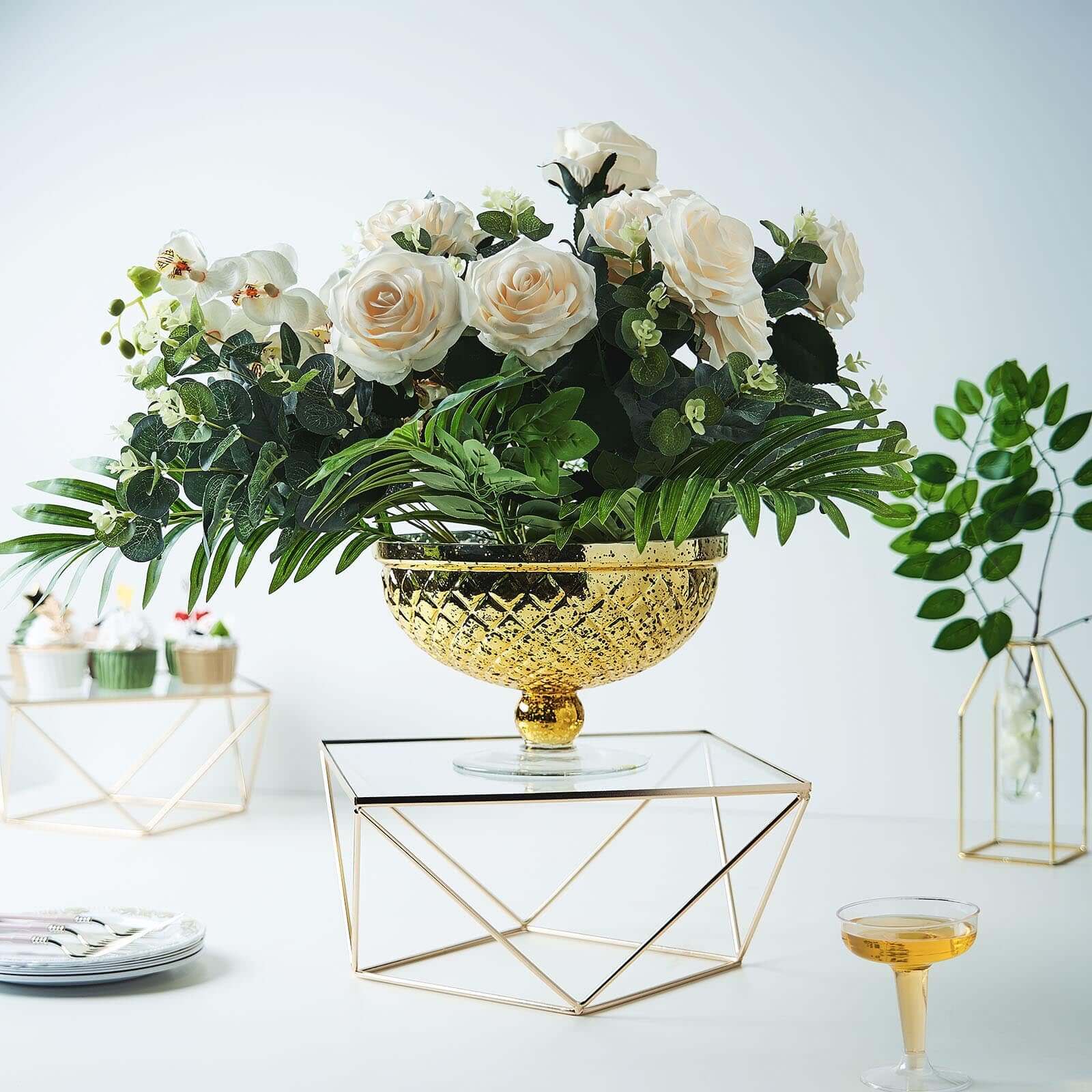 Metal Cake Stand Geometric Pedestal Riser Design Gold with Square Glass Top - Display Centerpiece 14