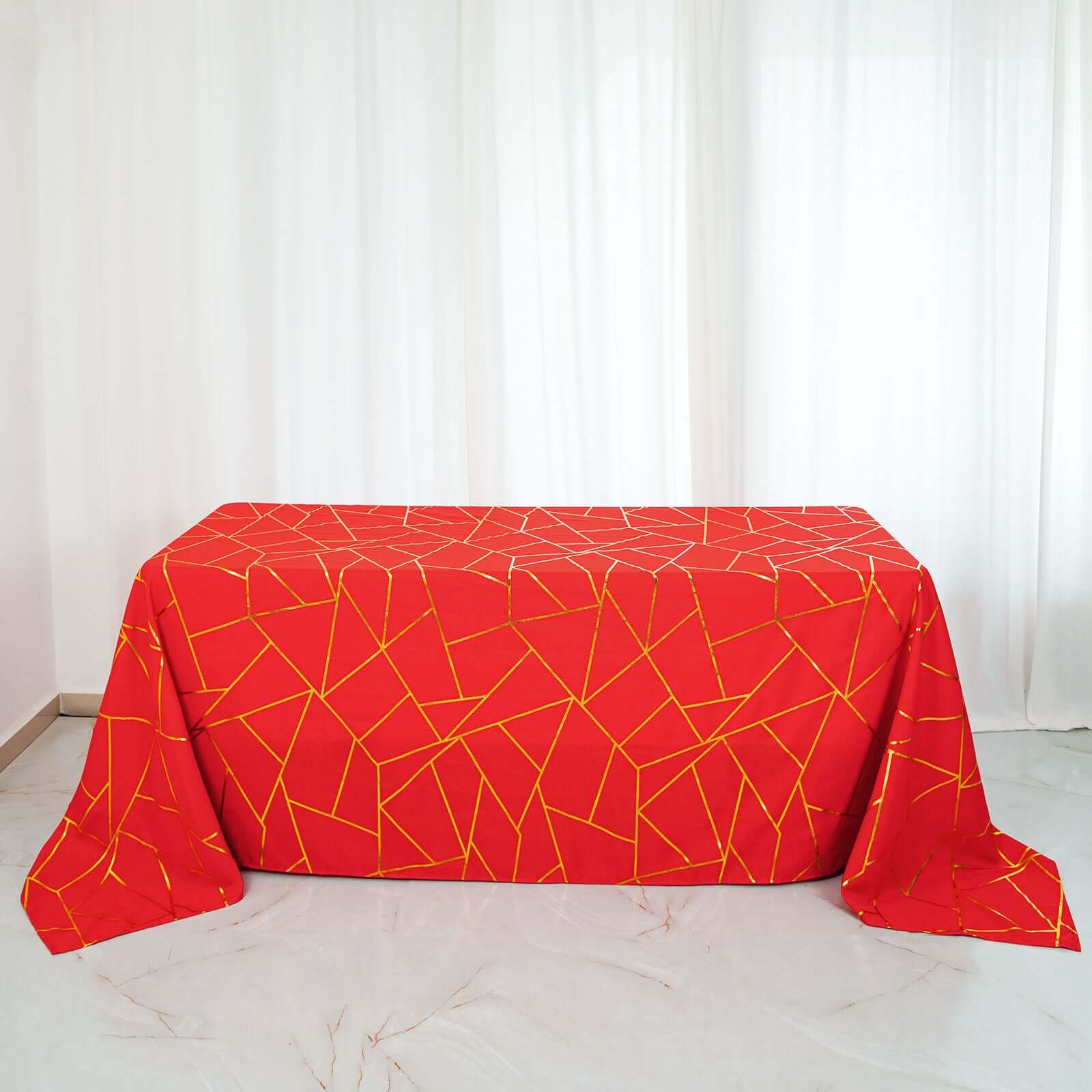 Polyester 90x132 Rectangle Tablecloth Red Seamless with Gold Foil Geometric Pattern - Wrinkle-Resistant Seamless Table Cover