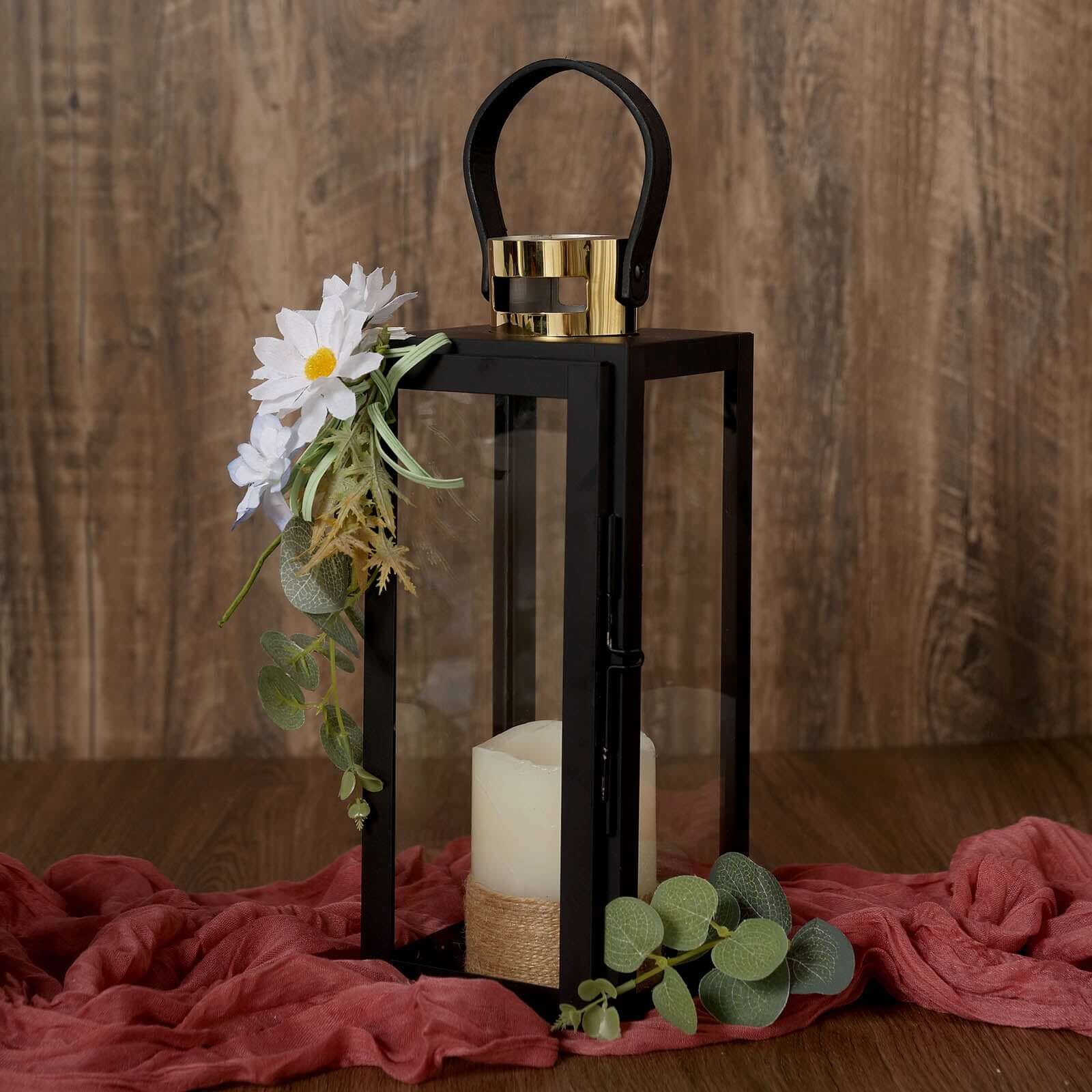 14 Black and Gold Top Stainless Steel Candle Lantern Centerpiece Outdoor Metal Patio Lantern