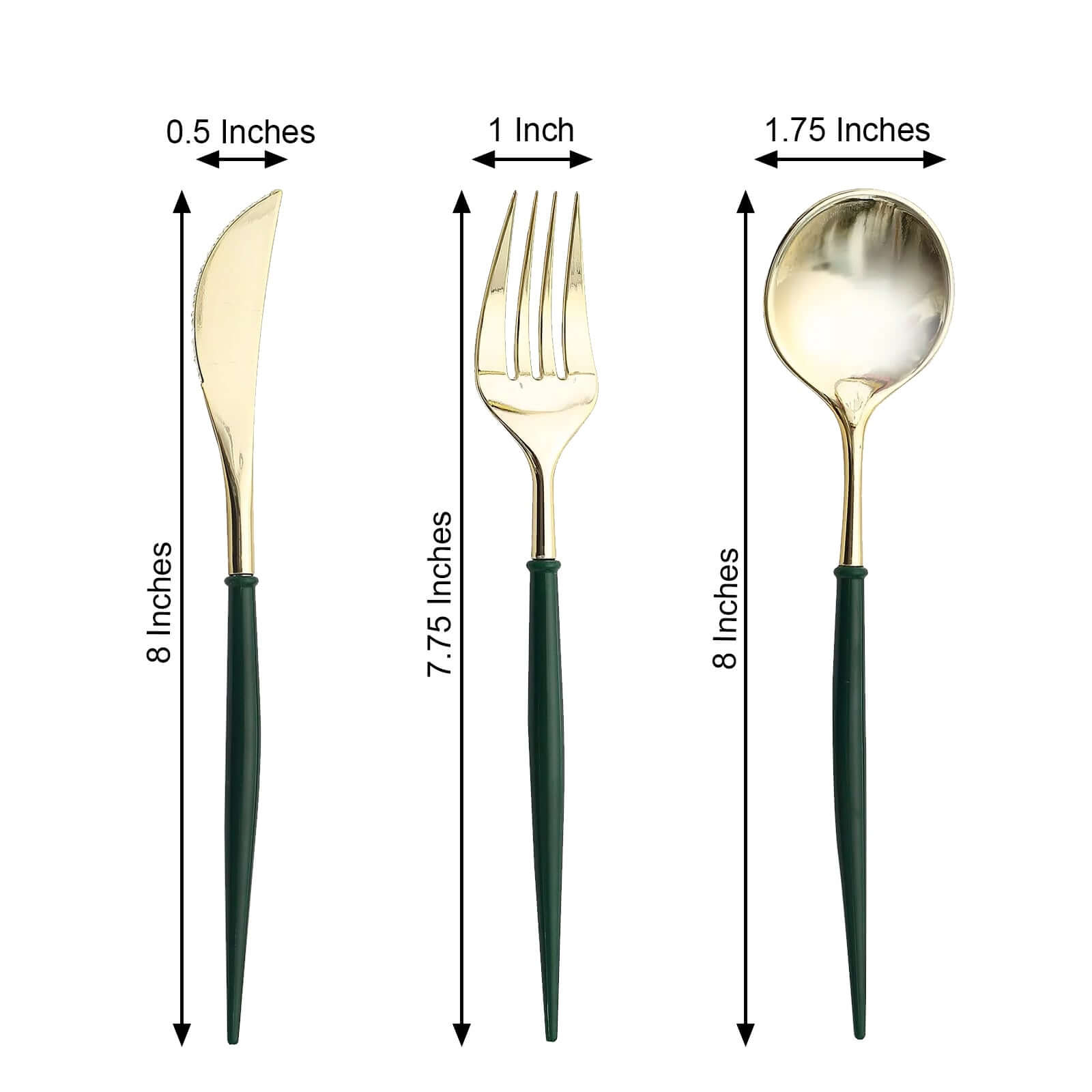 24-Pack Plastic Flatware Set in Metallic Gold with Hunter Emerald Green Handle - Heavy Duty Disposable Modern Silverware 8