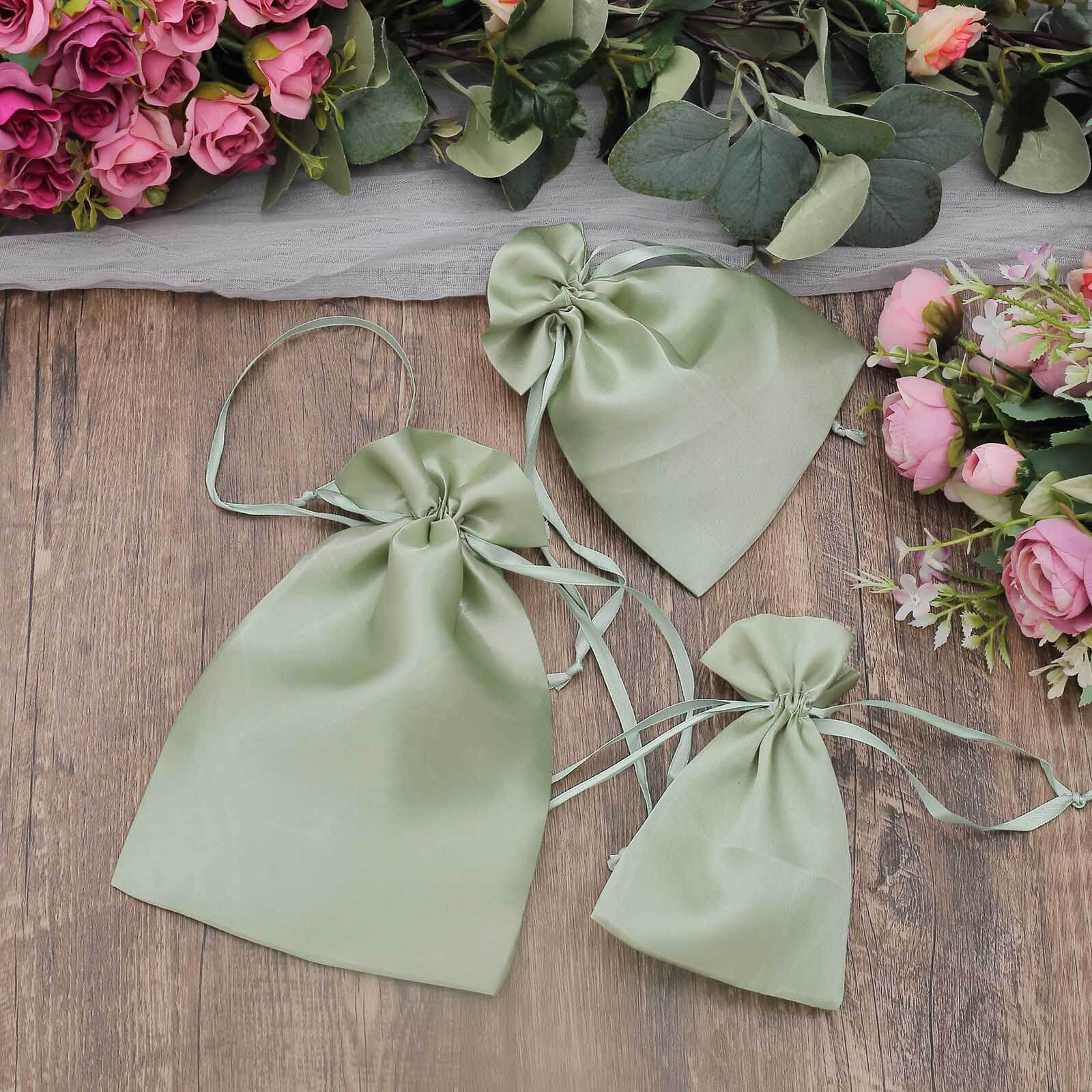 12 Pack 6x9 Sage Green Satin Wedding Party Favor Bags, Drawstring Pouch Gift Bags