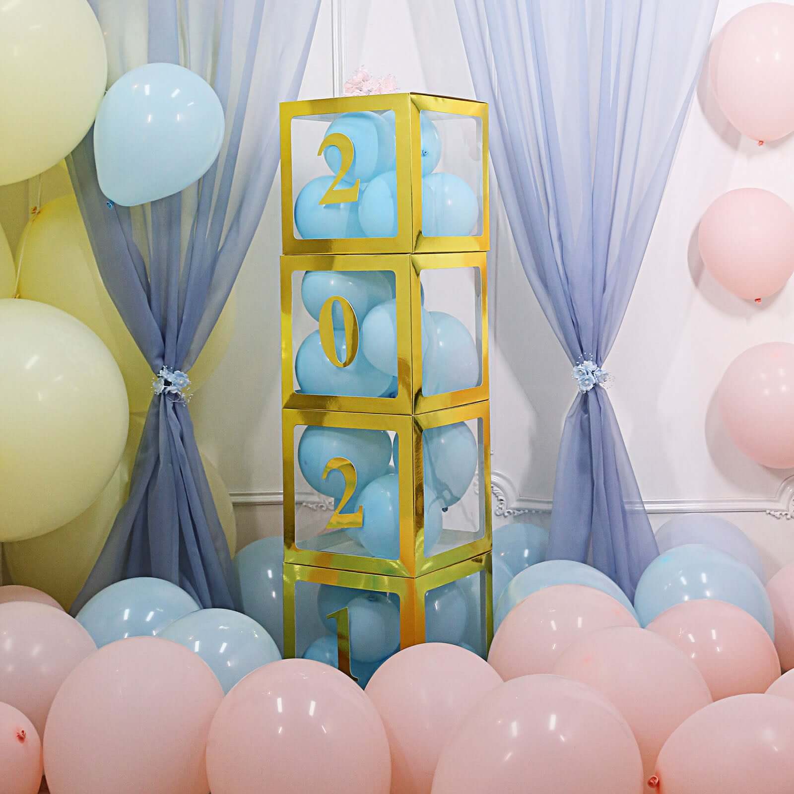 2 Pack 12 Metallic Gold Clear Baby Shower Party Decoration Boxes, Transparent DIY Balloon Boxes