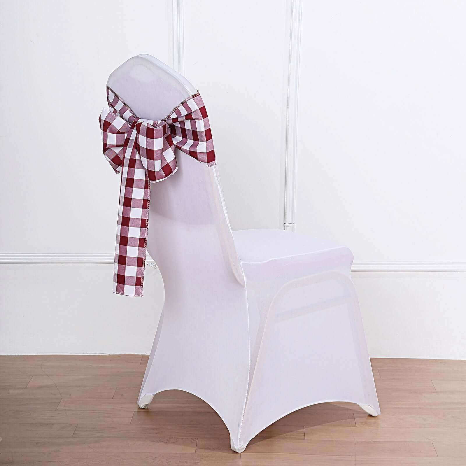 5 Pack Polyester Chair Sashes Burgundy/White Buffalo Plaid - Durable & Reusable Chair Bows 6x108