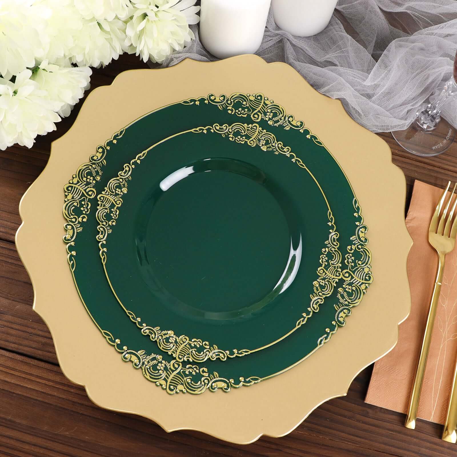 10-Pack Plastic 8 Round Dessert Plates in Hunter Emerald Green with Gold Leaf Embossed Rim - Disposable Vintage Baroque Style Salad Plates