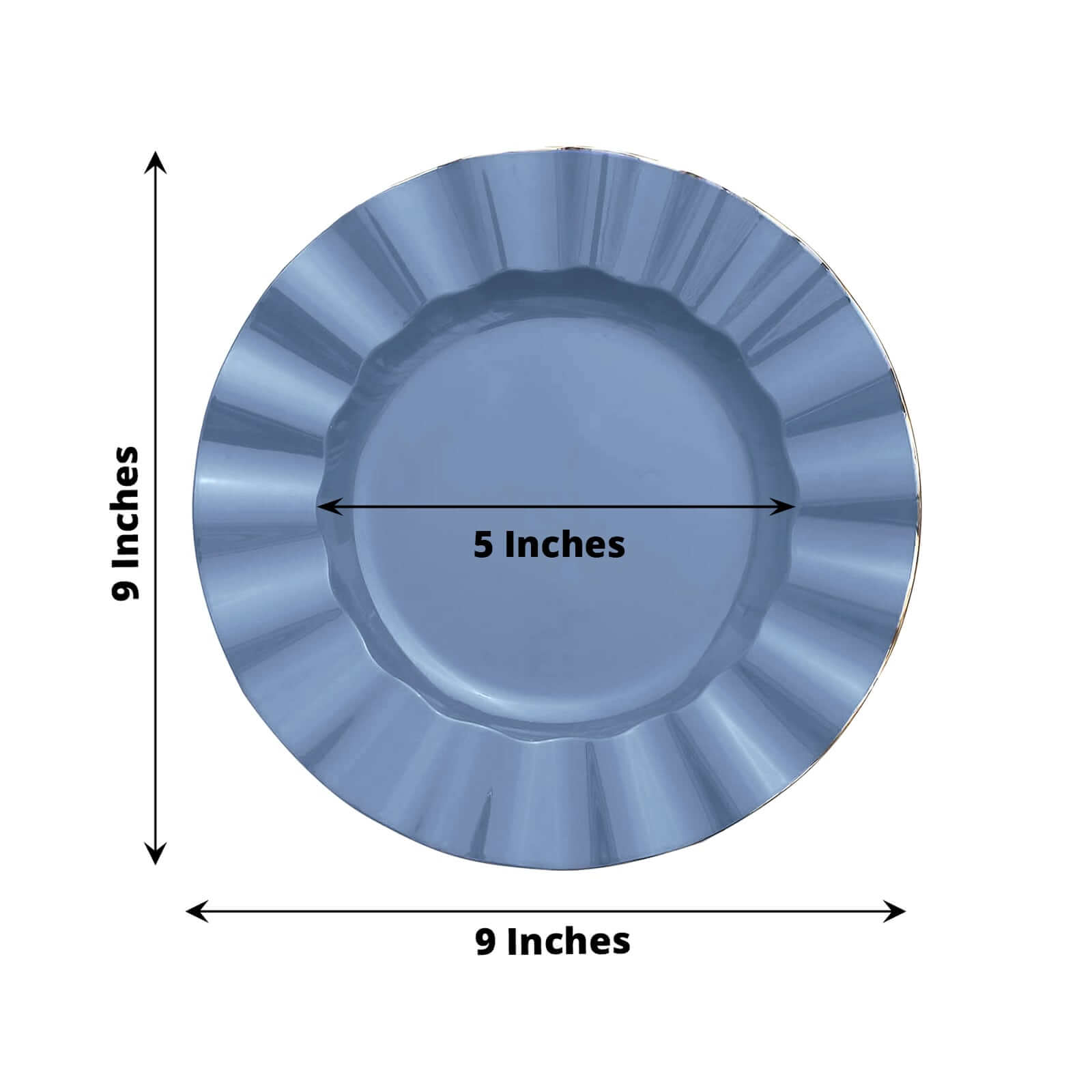 10-Pack Plastic 9 Round Dinner Plates in Ocean Blue Ruffled Rim with Gold Edging - Sturdy Disposable Dinnerware