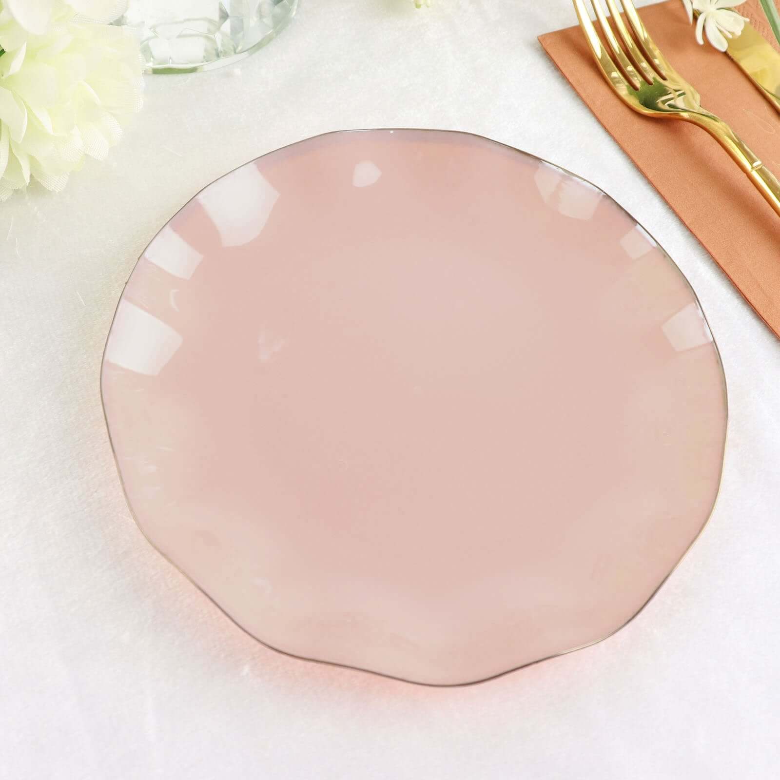 10-Pack Plastic Round 6 Dessert Plates in Blush Ruffled Rim with Gold Edging - Sturdy Disposable Salad Appetizer Dinnerware