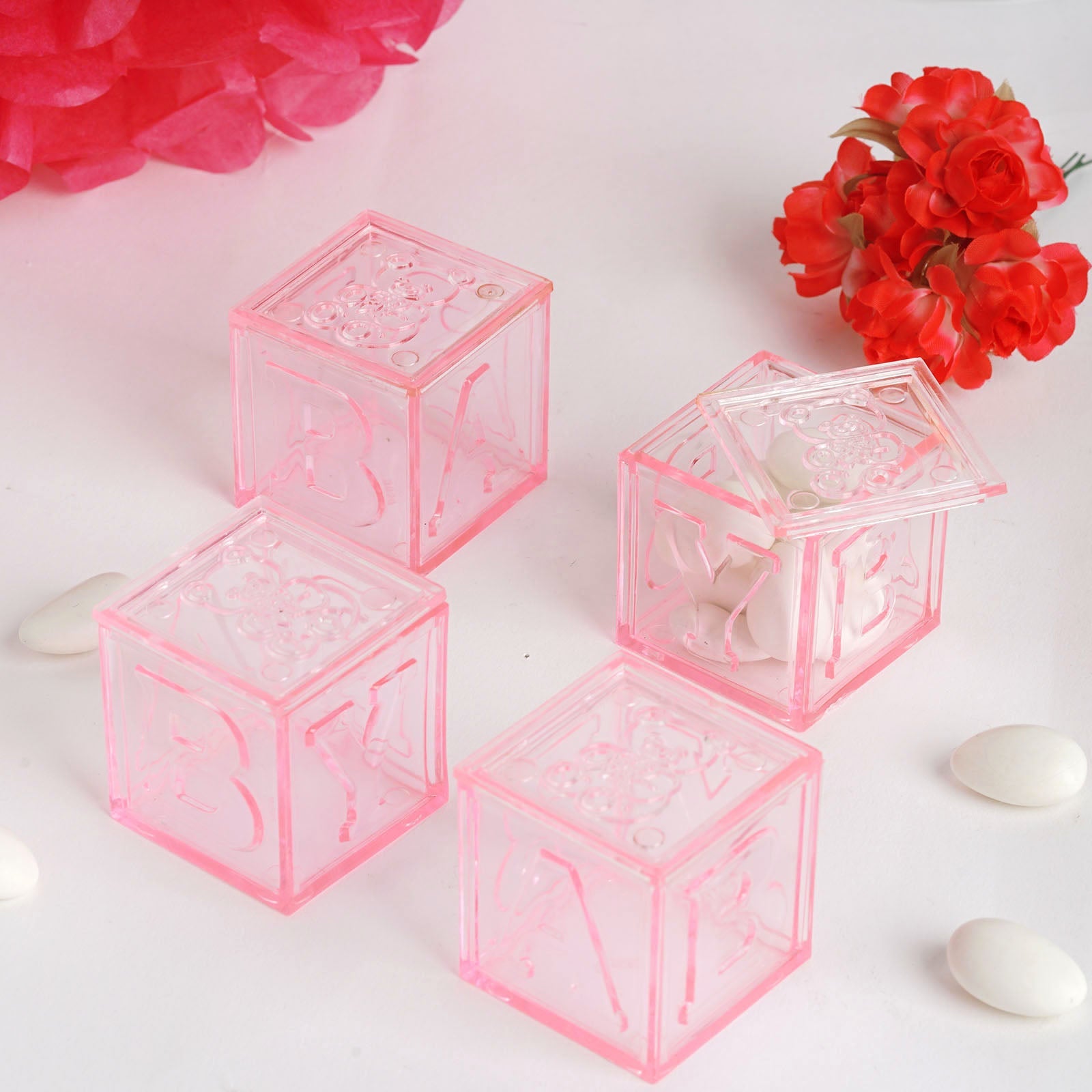 12 Pack 2 Pink Fillable Plastic Baby Shower Candy Gift Boxes, Transparent Baby Blocks Favor Boxes