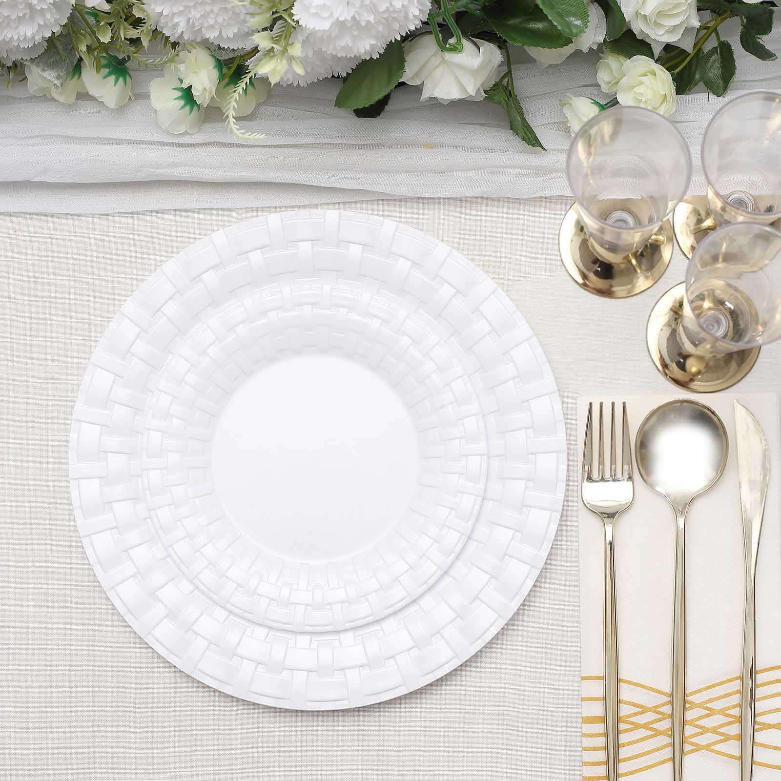 10-Pack Plastic Dinner Plates White Basketweave Rim - Durable Disposable Dinner Plates 10