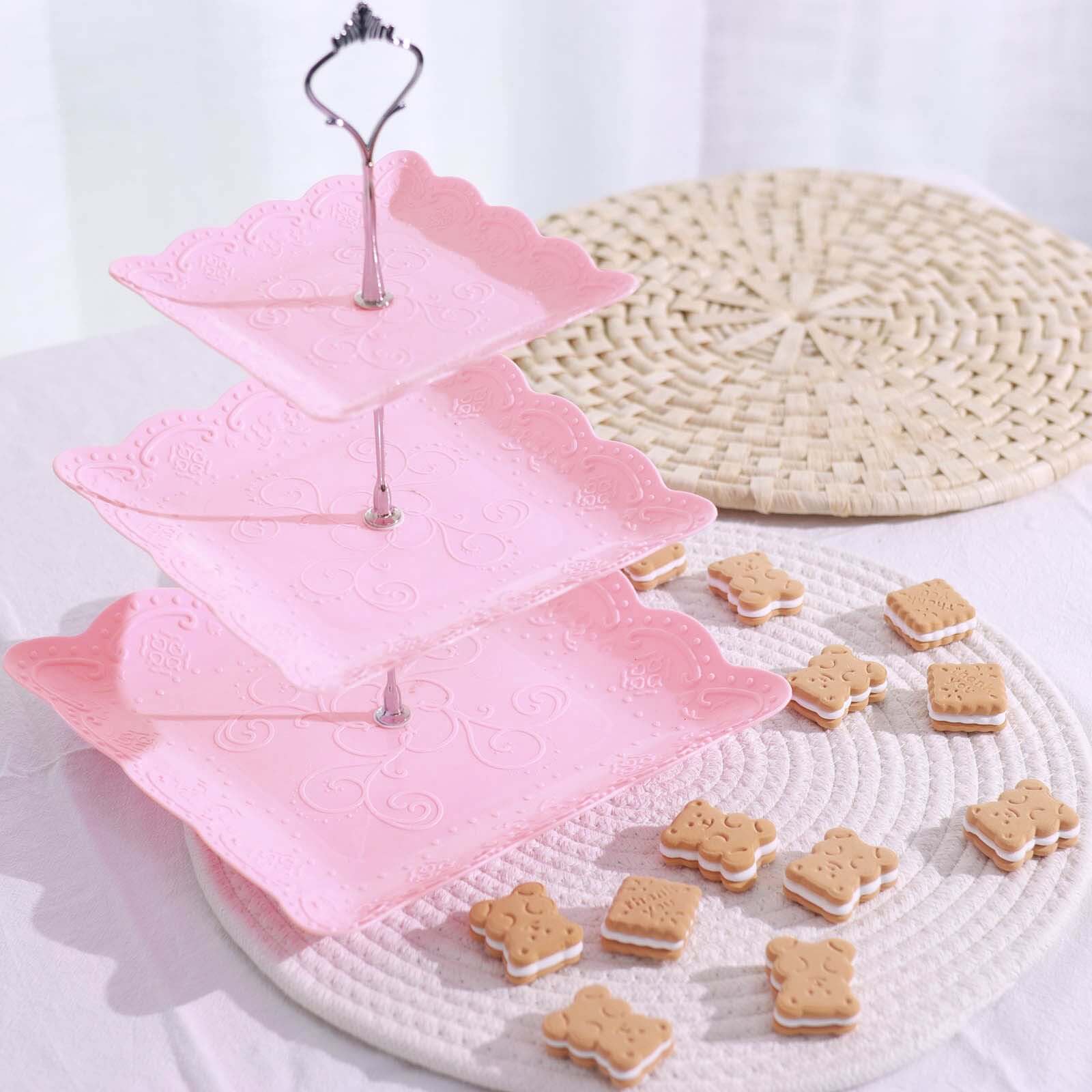 3-Tier Plastic Square Cupcake Stand Tower Pink - Charming Easy to Assemble Dessert Display Serving Tray Platter with Floral Embossed Scalloped Rim & Silver Handle for Tea Parties Weddings & Special Oc