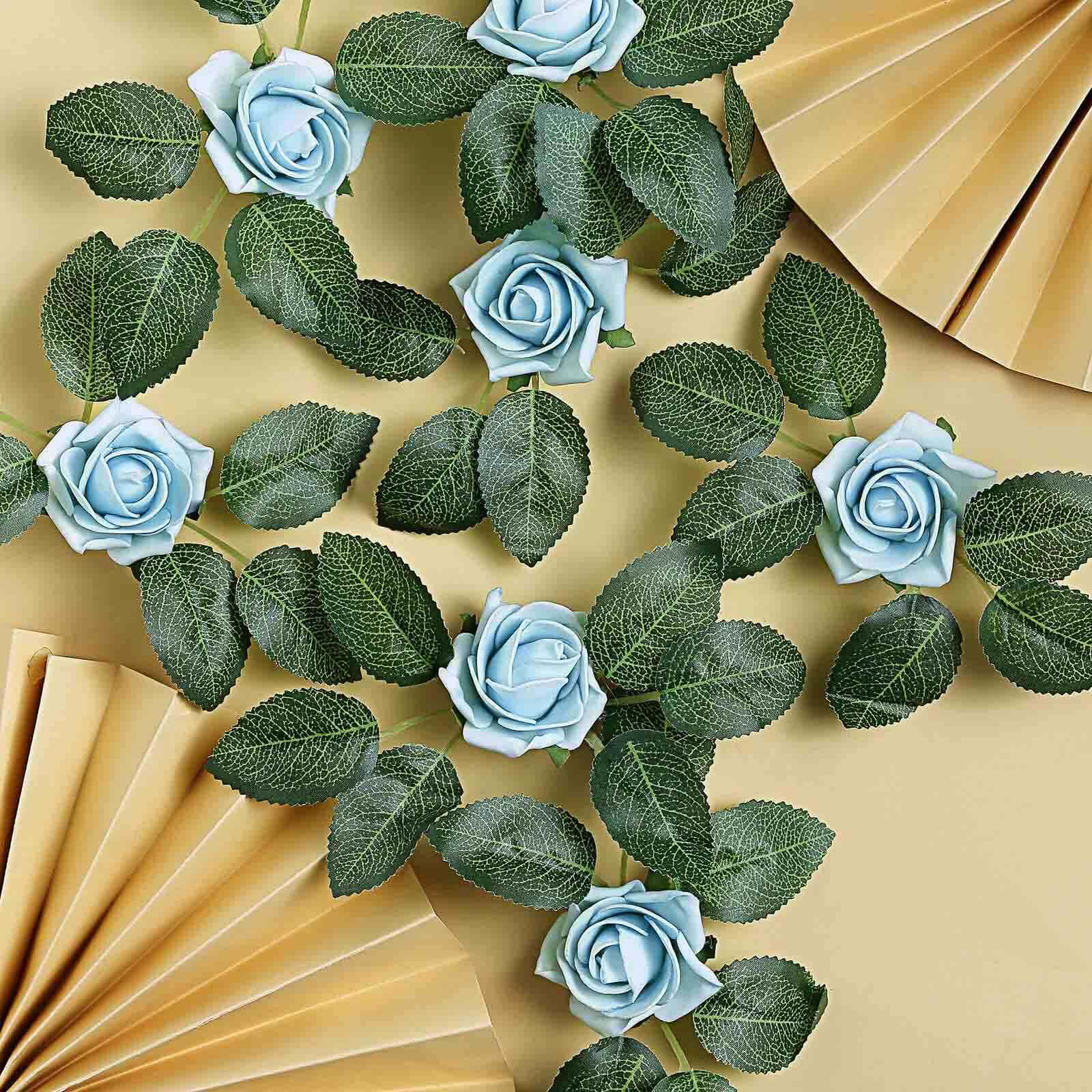 24 Roses 2 Dusty Blue Artificial Foam Flowers With Stem Wire and Leaves