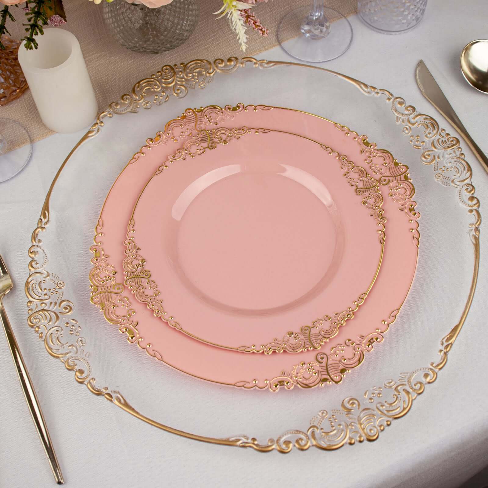 10-Pack Plastic 8 Round Dessert Plates in Dusty Rose with Gold Leaf Embossed Rim - Disposable Vintage Baroque Style Salad Plates