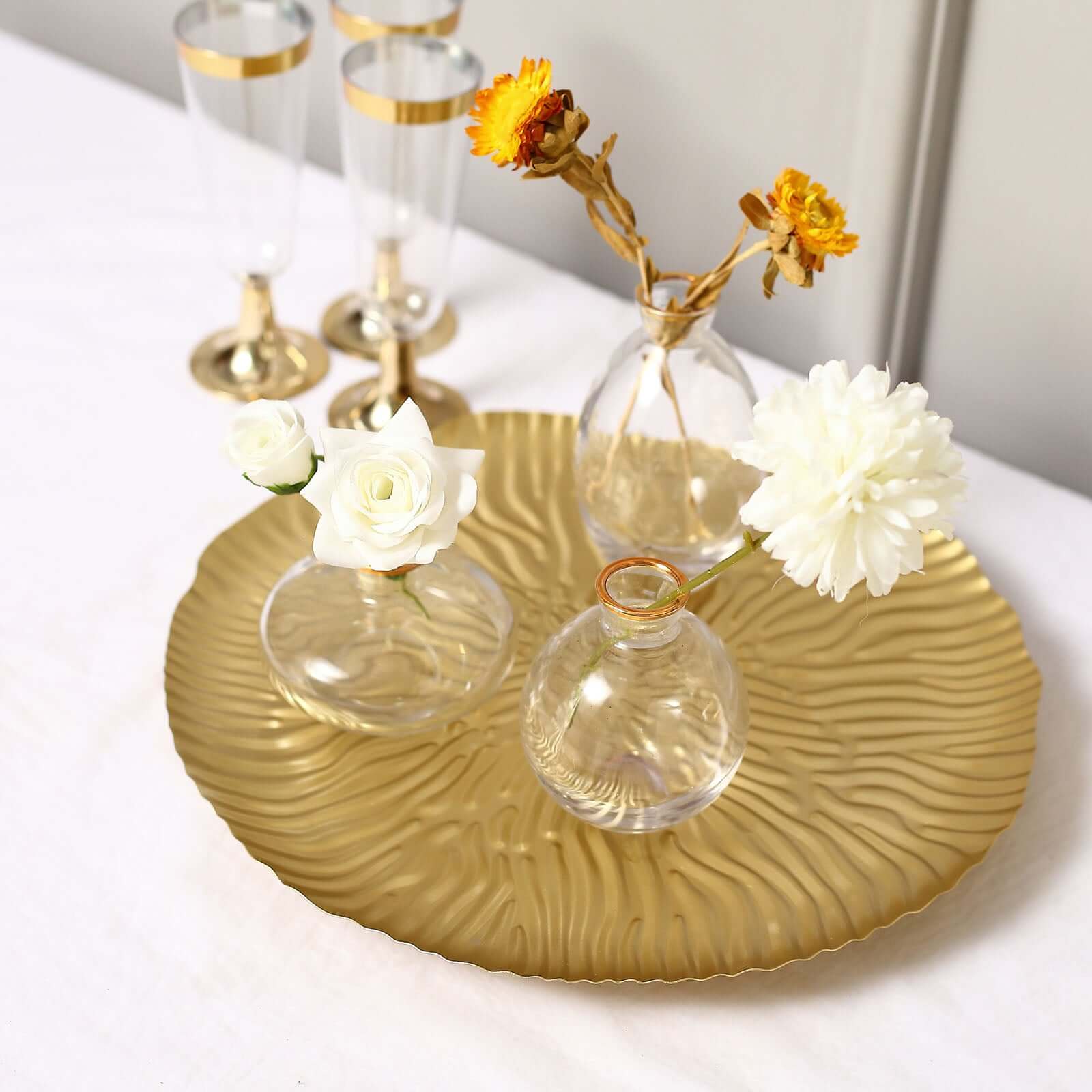 Metal Round Serving Tray 12 in Gold Floral Pattern with Wavy Rim, Pedestal Dessert Display with Hairpin Legs