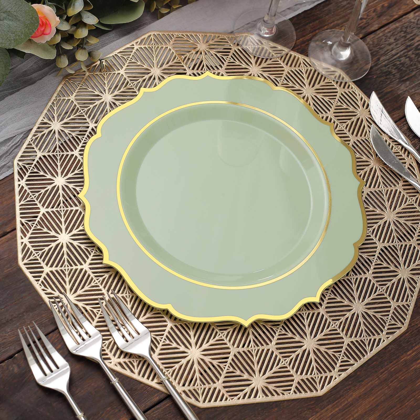 10-Pack Plastic 10 Round Dinner Plates in Sage Green with Gold Scalloped Rim - Disposable Party Plates