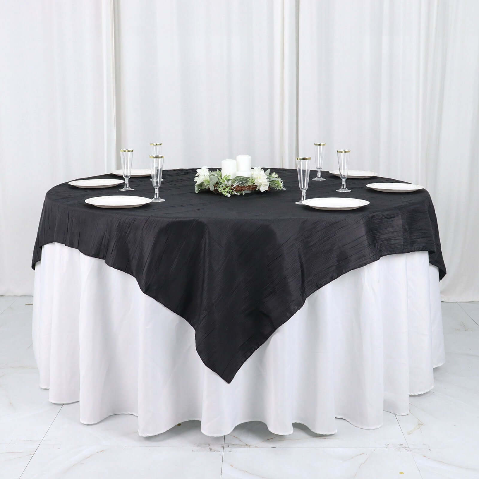 Taffeta 72x72 Table Overlay Square Tablecloth Black - Accordion Crinkle Table Cover