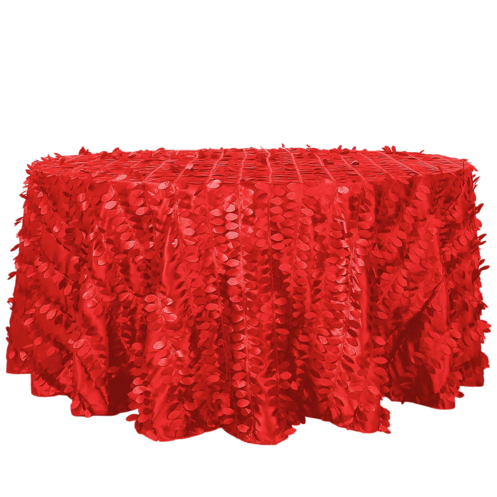 120 Red 3D Leaf Petal Taffeta Fabric Seamless Round Tablecloth for 5 Foot Table With Floor-Length Drop