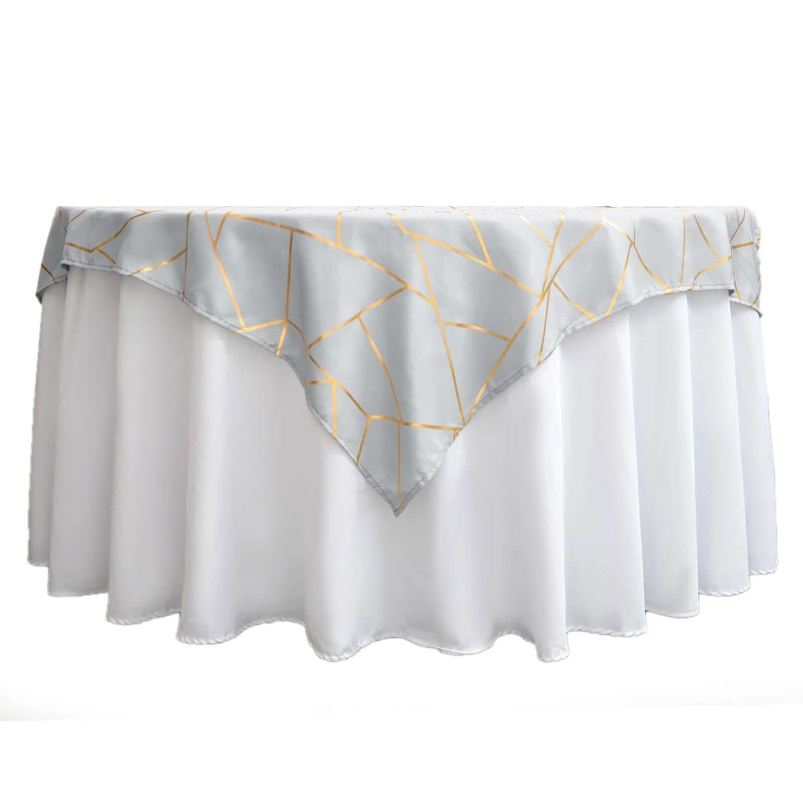 Polyester 54x54 Table Overlay Square Tablecloth Silver with Gold Foil Geometric Pattern - Wrinkle-Resistant & Durable for Stylish Settings