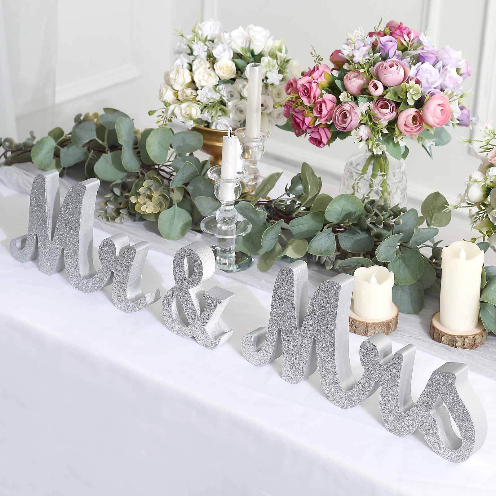 Wooden Mr & Mrs Freestanding Letters Silver Glittered - Rustic Glam Wedding Table Display Signs