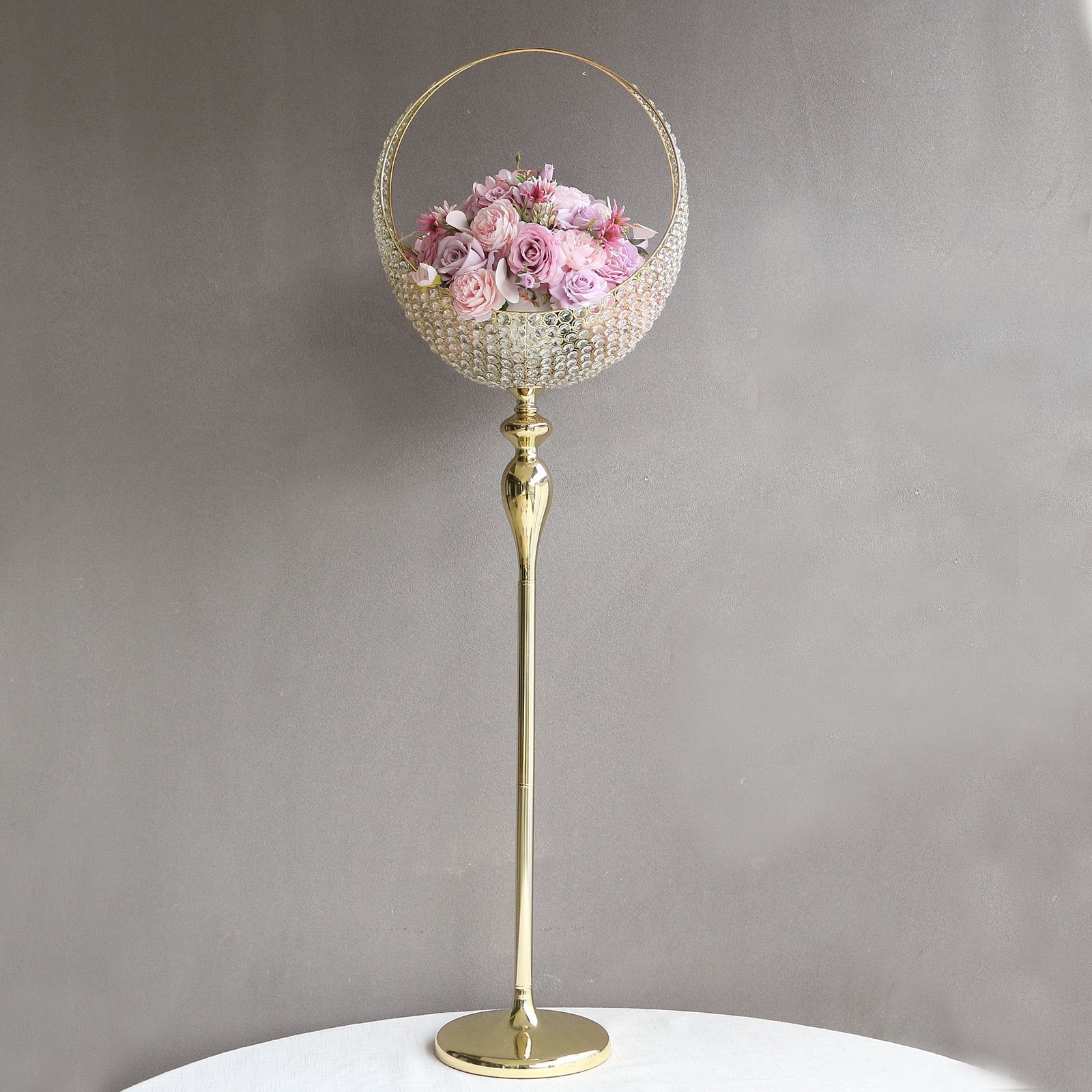 Metal Crystal Beaded Candle Holder Stand, Half Moon Basket Design Gold Wedding Flower Centerpiece with Round Stable Base 4.5ft Tall