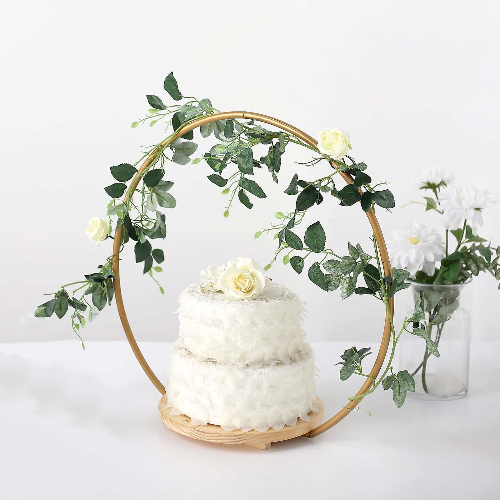Metal Round Floral Hoop Cake Stand Gold - Chic Geometric Dessert Display DIY Centerpiece Table Decoration With Wooden Base 20