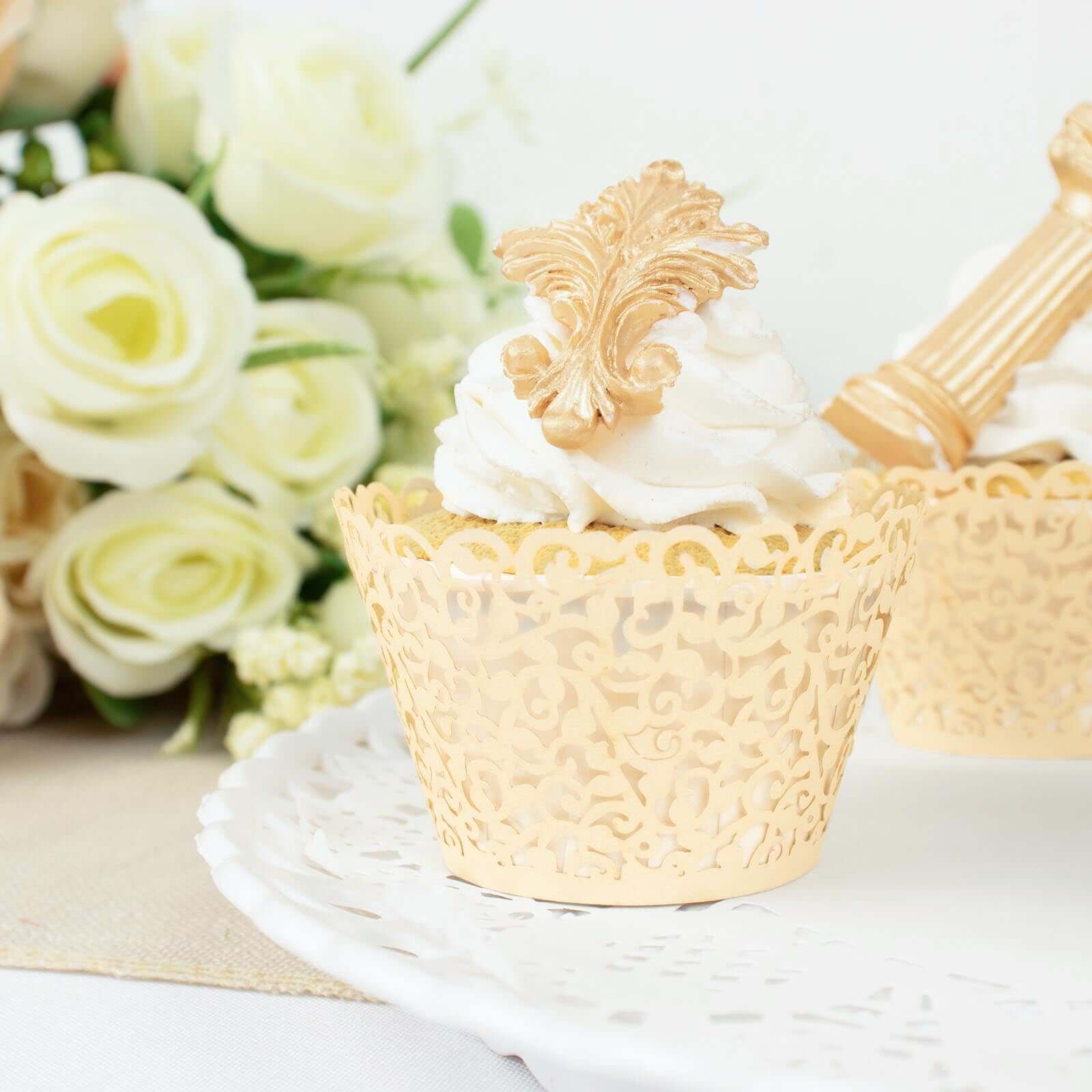 25-Pack Paper Cupcake Wrappers Lace Laser Cut Design Ivory - Muffin Baking Cup Trays for Events