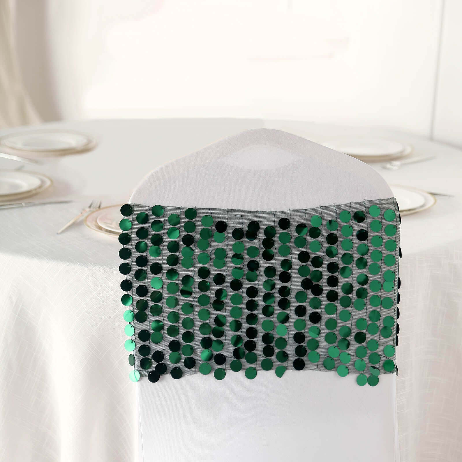 5 Pack Big Payette Sequin 13x10 Chair Sash Bands Hunter Emerald Green - Stylish Glittering Decor for Weddings & Gatherings