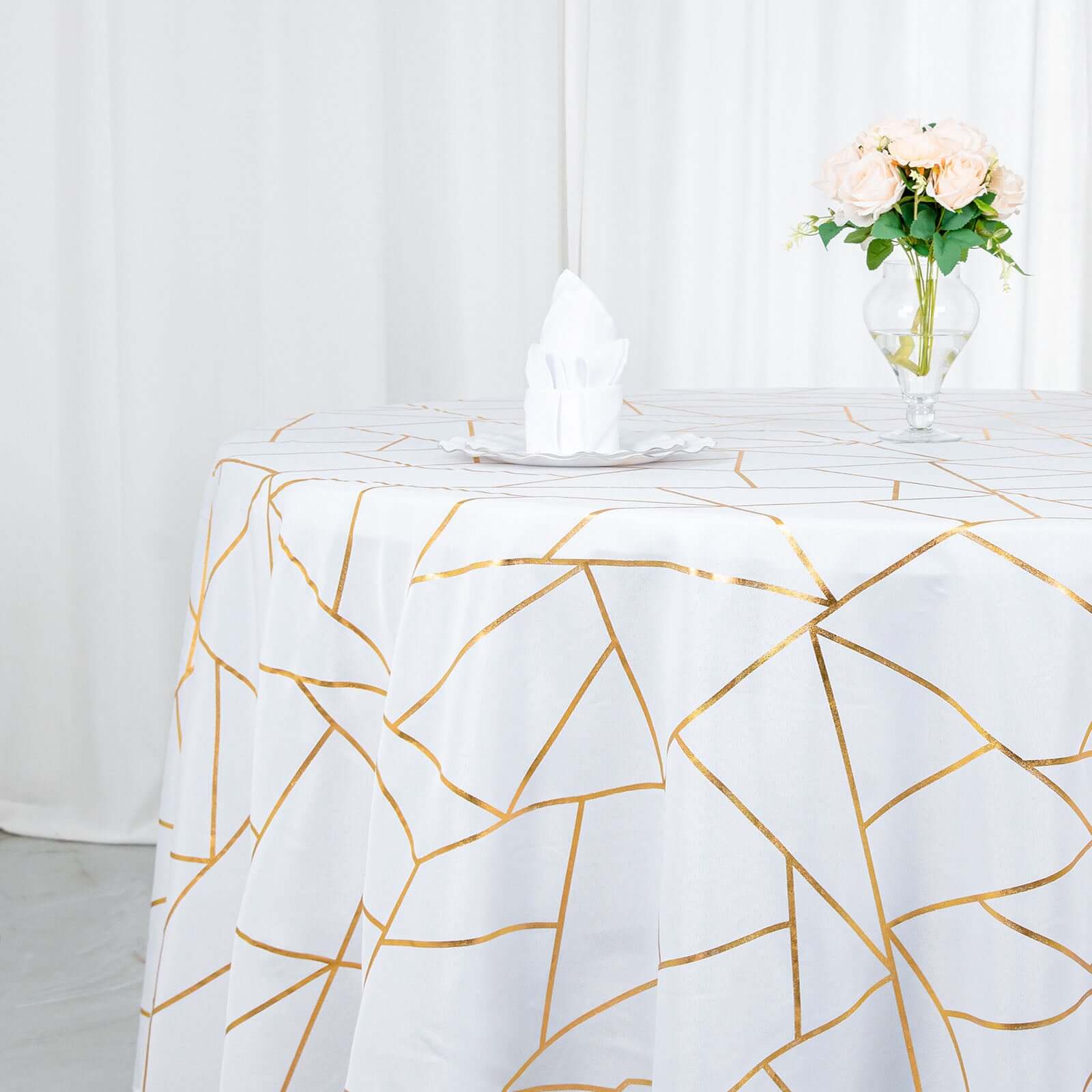 Polyester 120 Round Tablecloth White with Gold Foil Geometric Pattern Wrinkle-Resistant Modern Seamless Table Cover