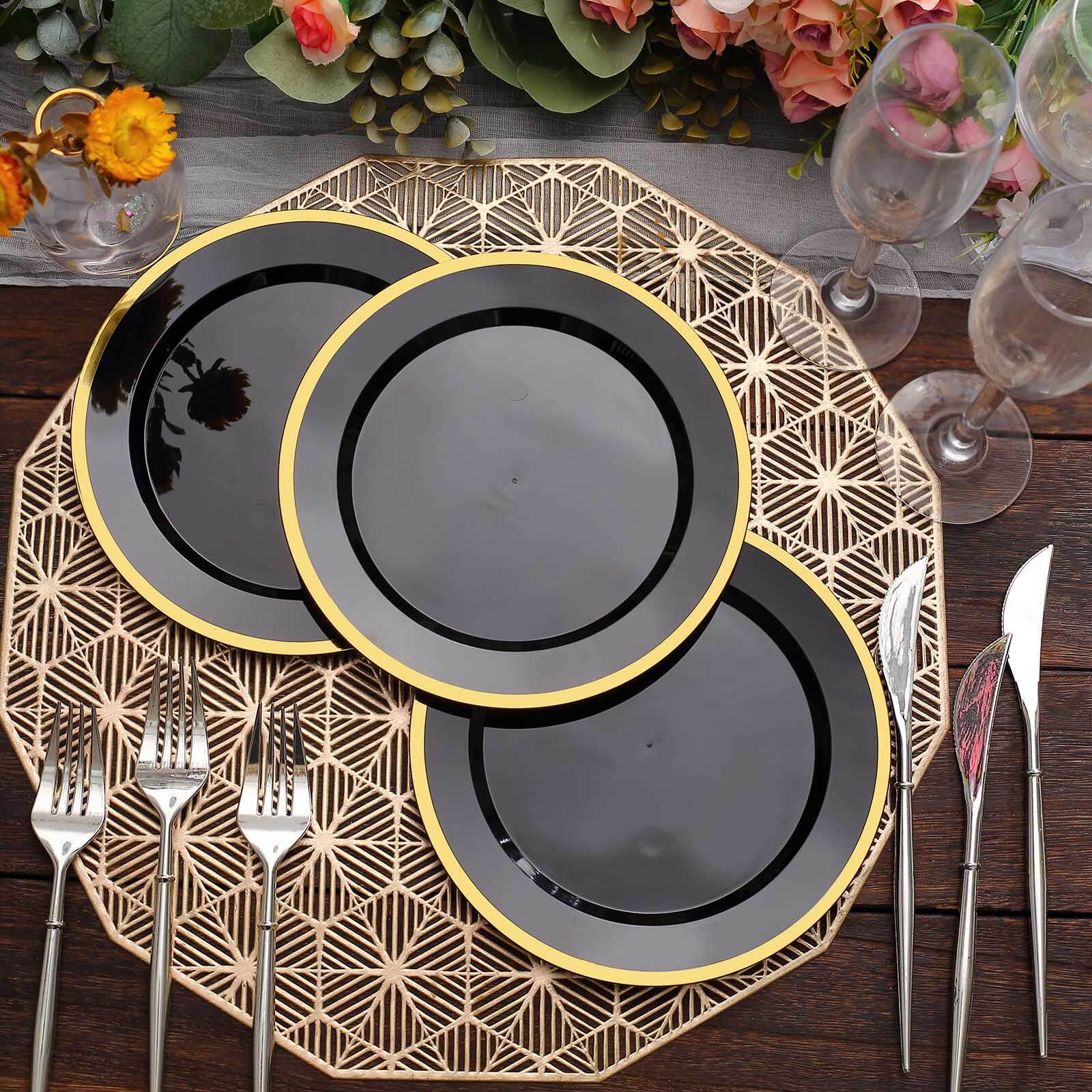 10-Pack Plastic 7 Round Appetizer Plates in Black with Gold Rim - Sleek Disposable Salad Plates for Banquets & Special Occasions