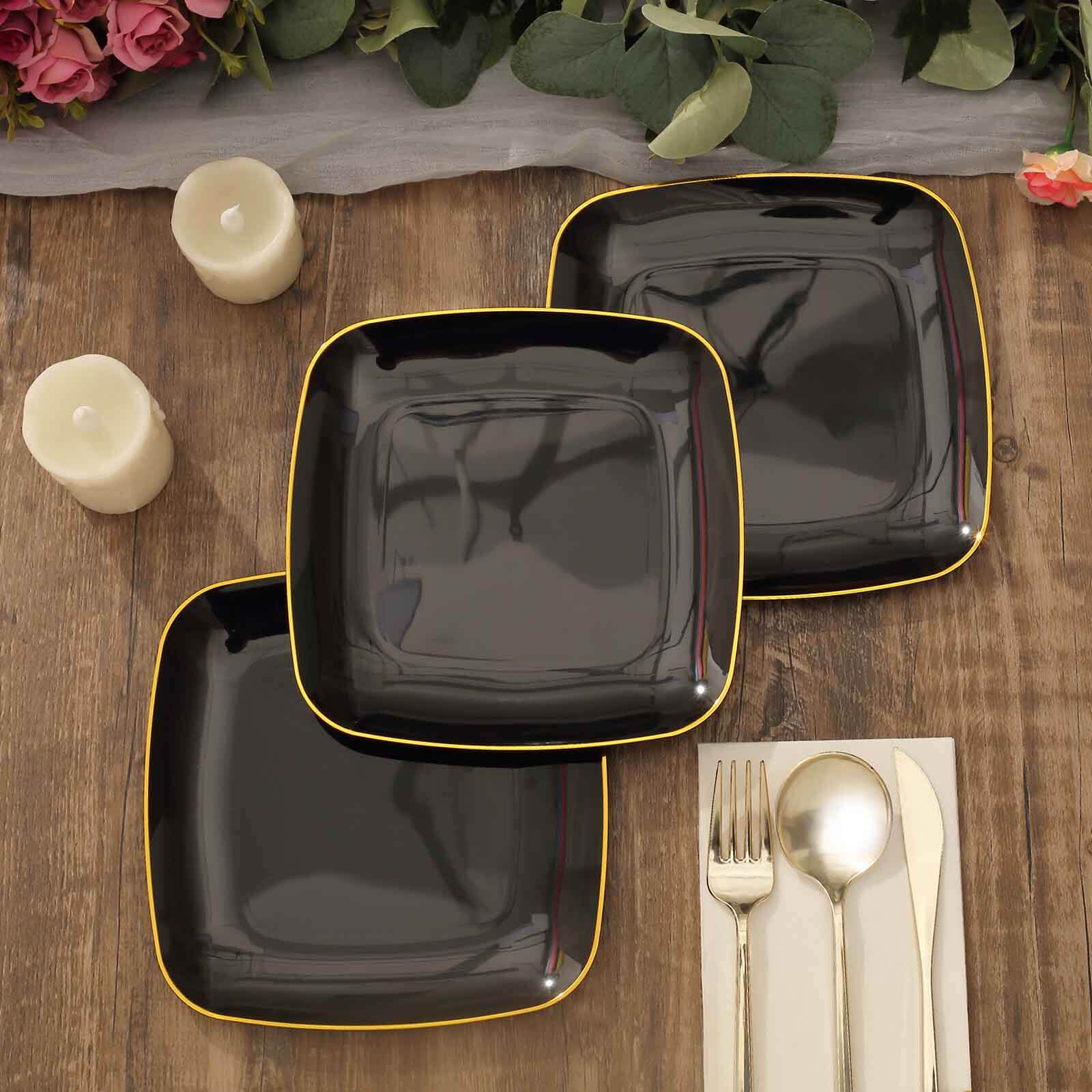 10-Pack Plastic 7 Square Dessert Plates in Black with Gold Rim - Classy Disposable Appetizer Salad Plates